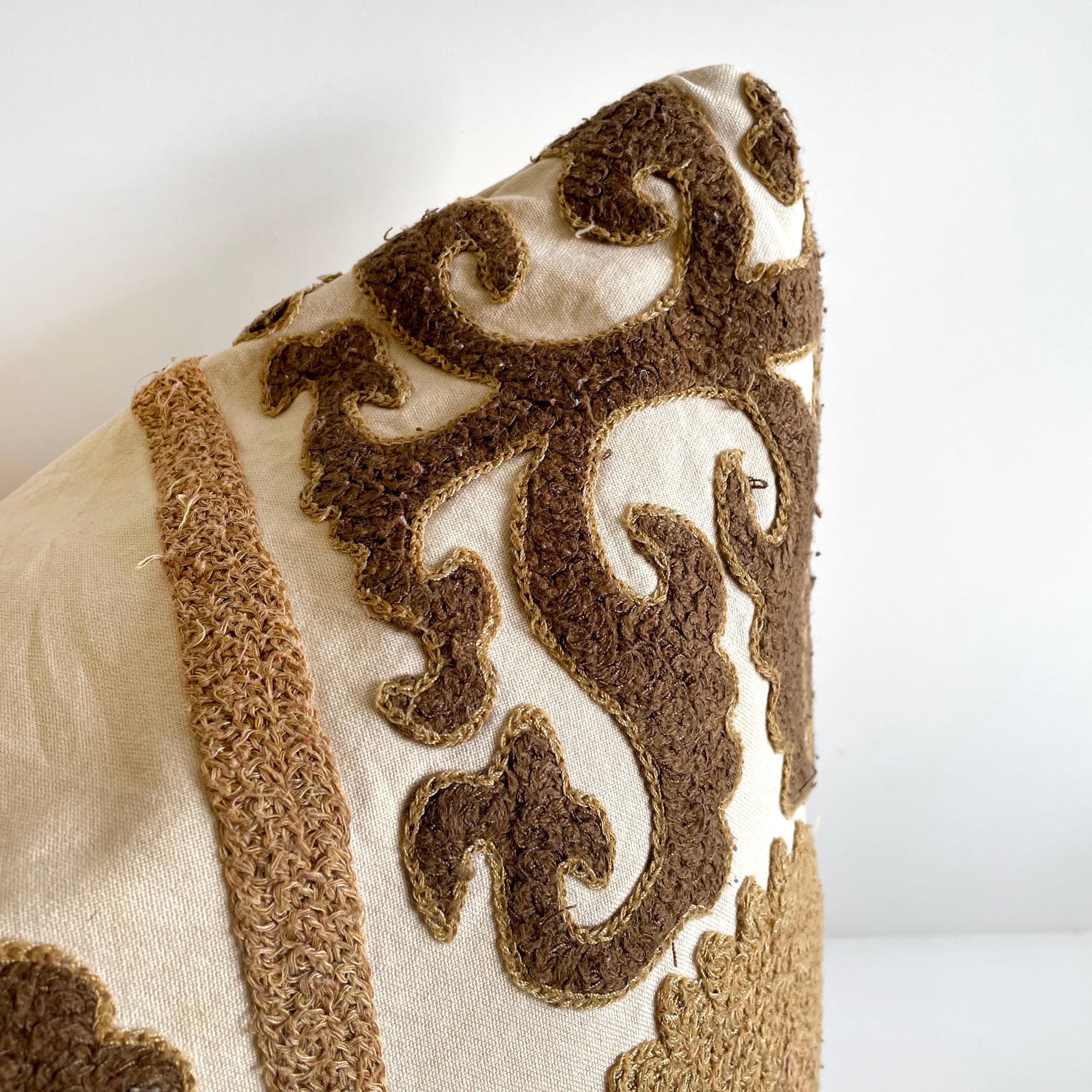 Vintage brown and tan embroidered Suzani on a natural muslin background. This vintage textile pillow face features a vintage Suzann quilt, natural linen colored background with original hand embroidery. The backing is 100% Belgian linen in natural