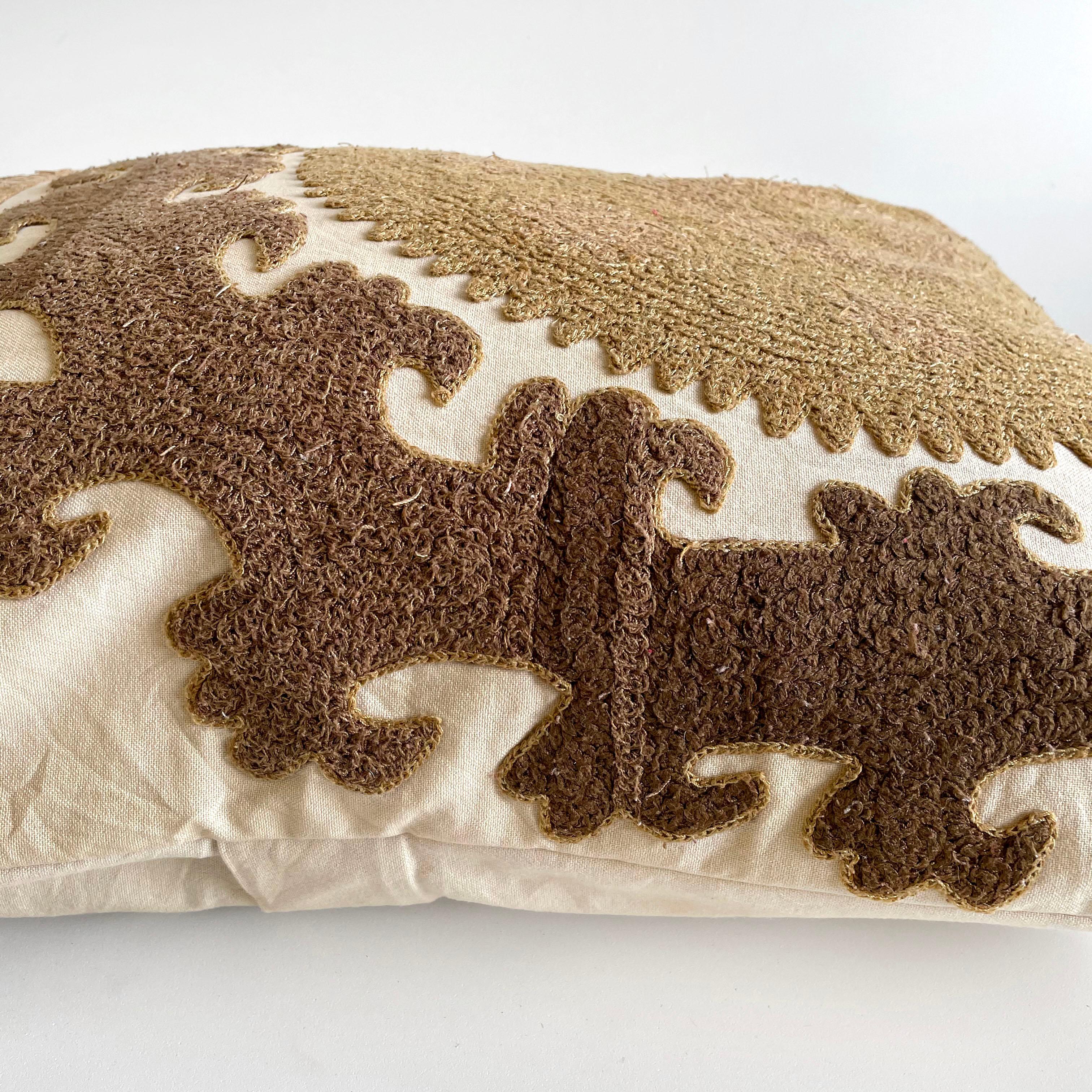 Vintage Brown and Tan Embroidered Suzani Pillow with Down Insert In Good Condition In Brea, CA
