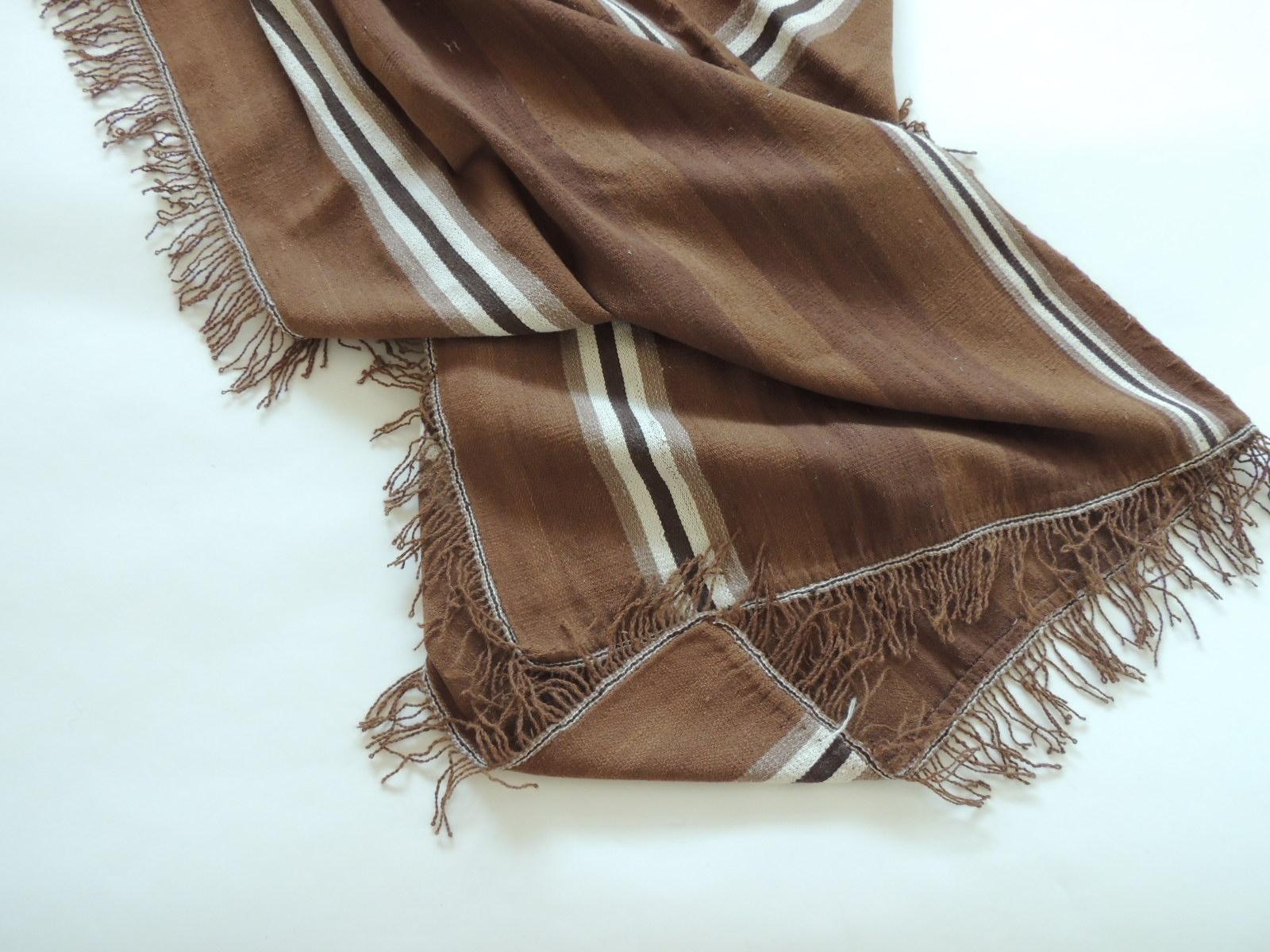 Hand-Crafted Vintage Brown and Tan Stripe Woven Throw with Fringes