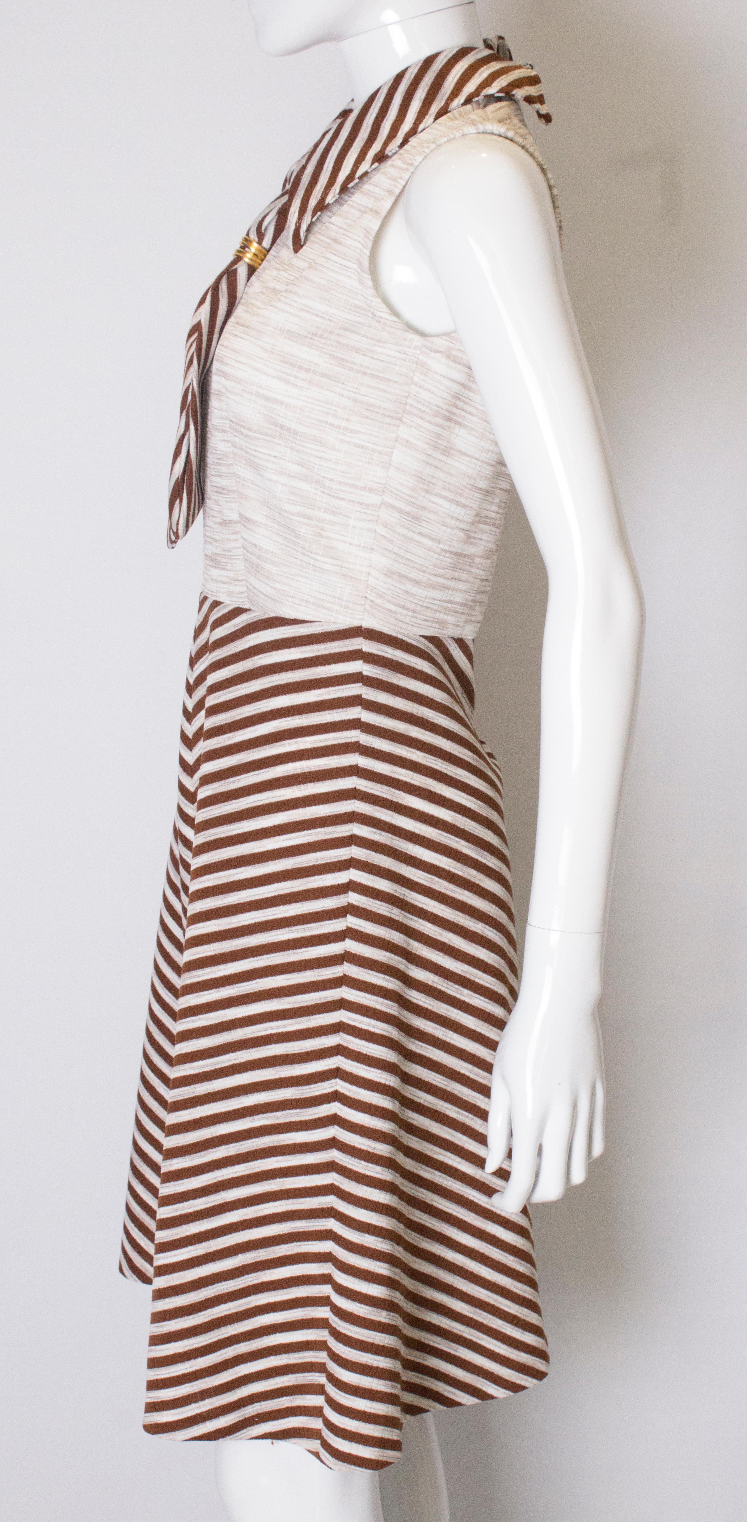 Beige Vintage Brown and White Stripe Day Dress For Sale