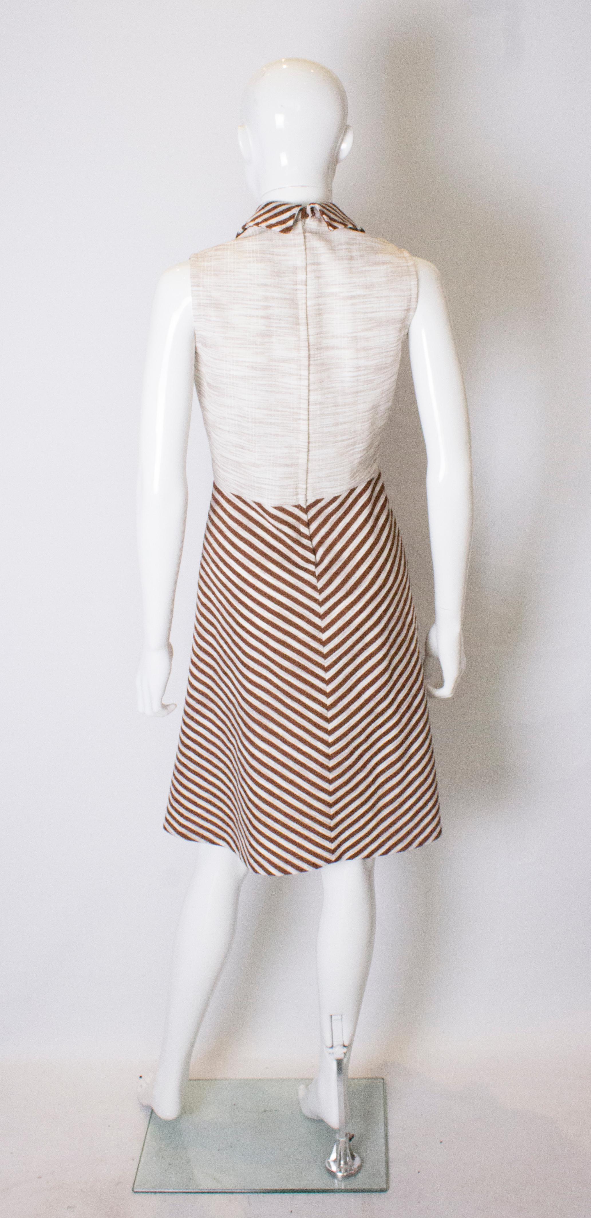 Vintage Brown and White Stripe Day Dress In Good Condition For Sale In London, GB