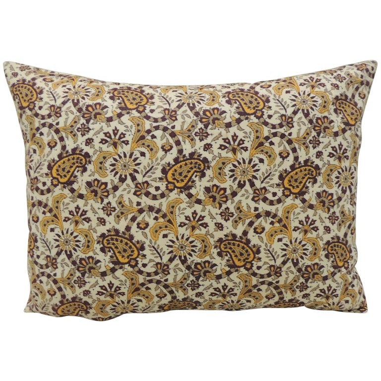 Vintage Brown and Yellow Paisley Decorative Bolster Pillow For Sale