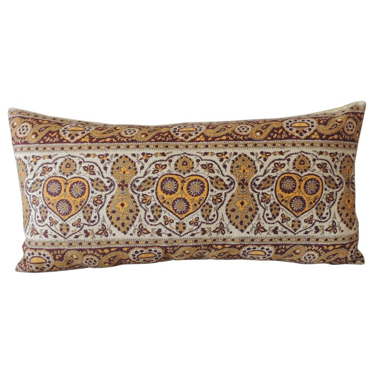 Vintage Brown and Yellow Paisley Long Bolster Decorative Pillow For Sale