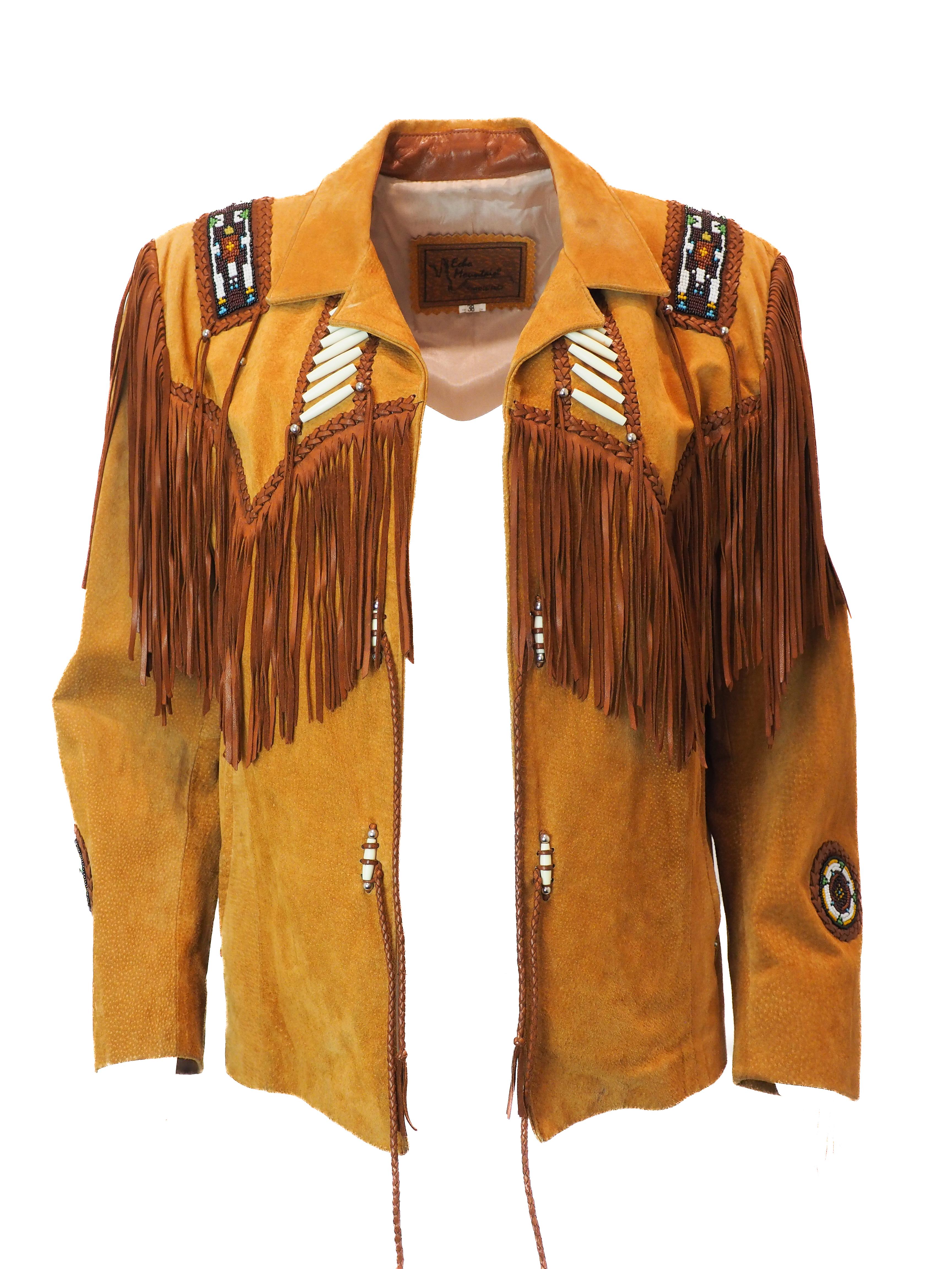 Giacca Arturo in pelle marrone vintage con frange e perline in vendita 4