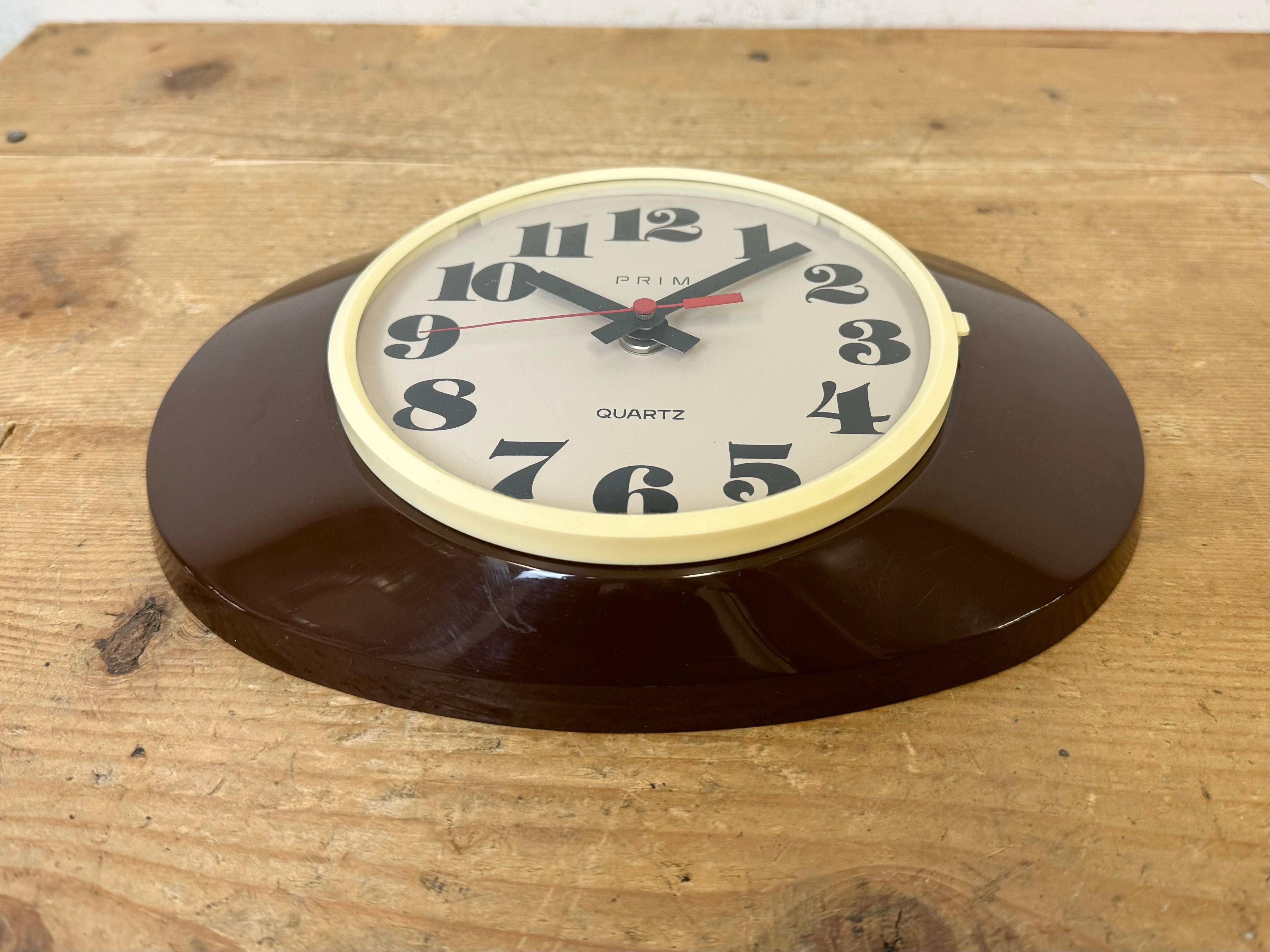 Late 20th Century Vintage Brown Bakelite Wall Clock from Prim, 1970s For Sale