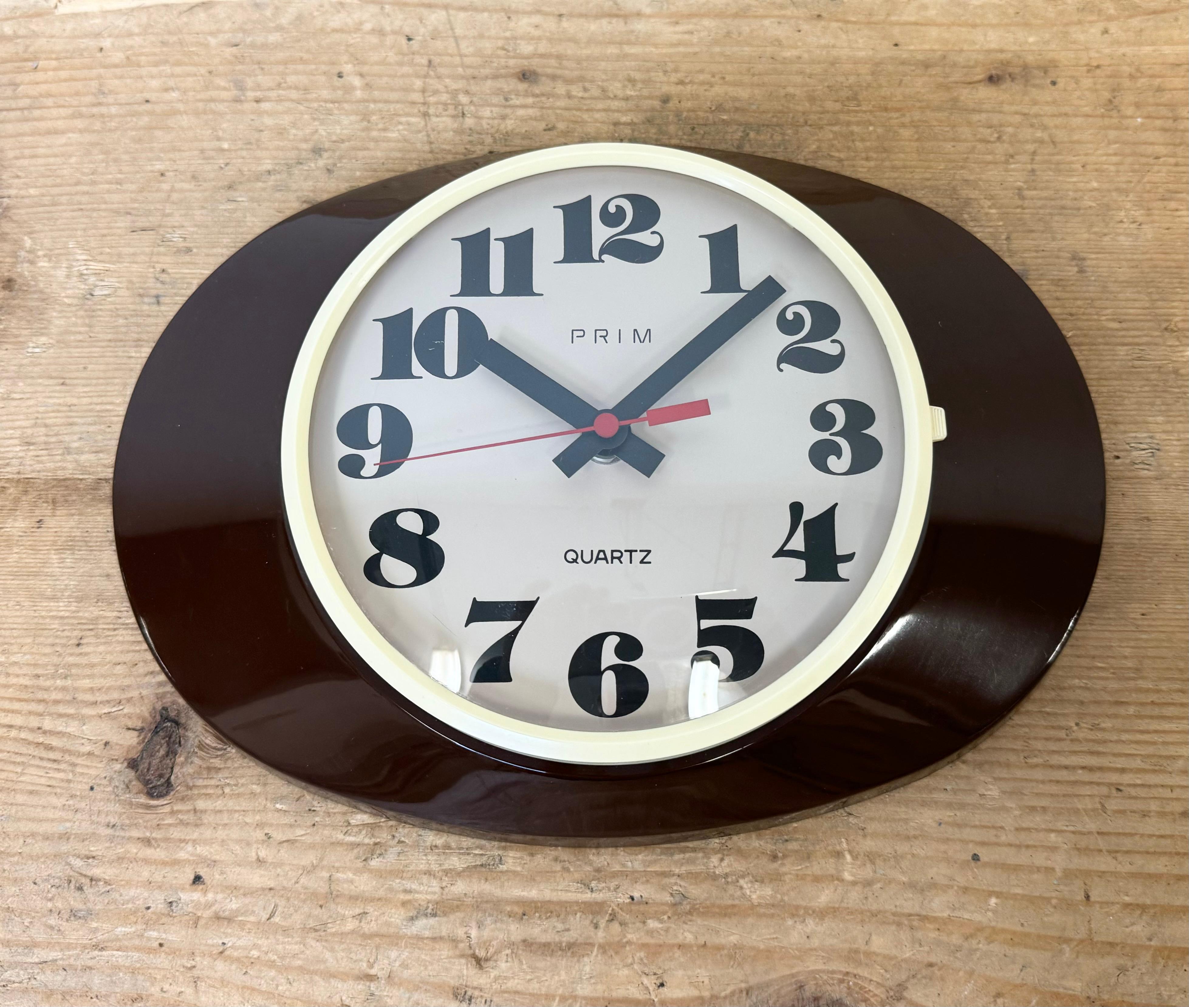 Glass Vintage Brown Bakelite Wall Clock from Prim, 1970s For Sale