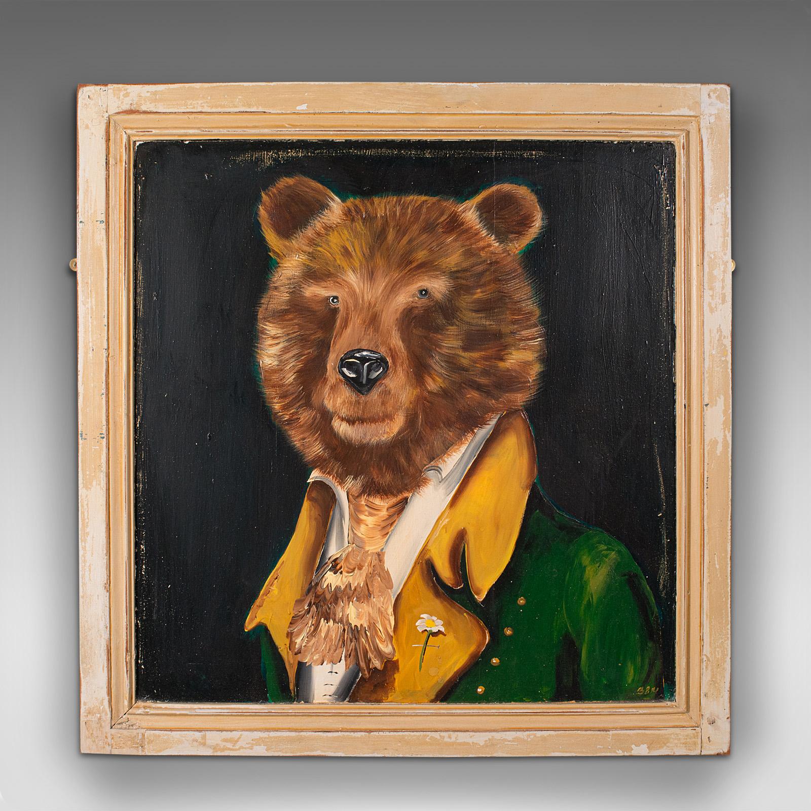 This is a vintage brown bear portrait. An English, oil painting on reclaimed Victorian pine, dating to the late 20th century, circa 1970.

Jovial and intriguing, ideal for collectors of anthropomorphism
Displaying a desirable aged patina
