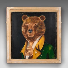Vintage Brown Bear Portrait, English, Oil, Victorian Pine, Anthropomorphic Art