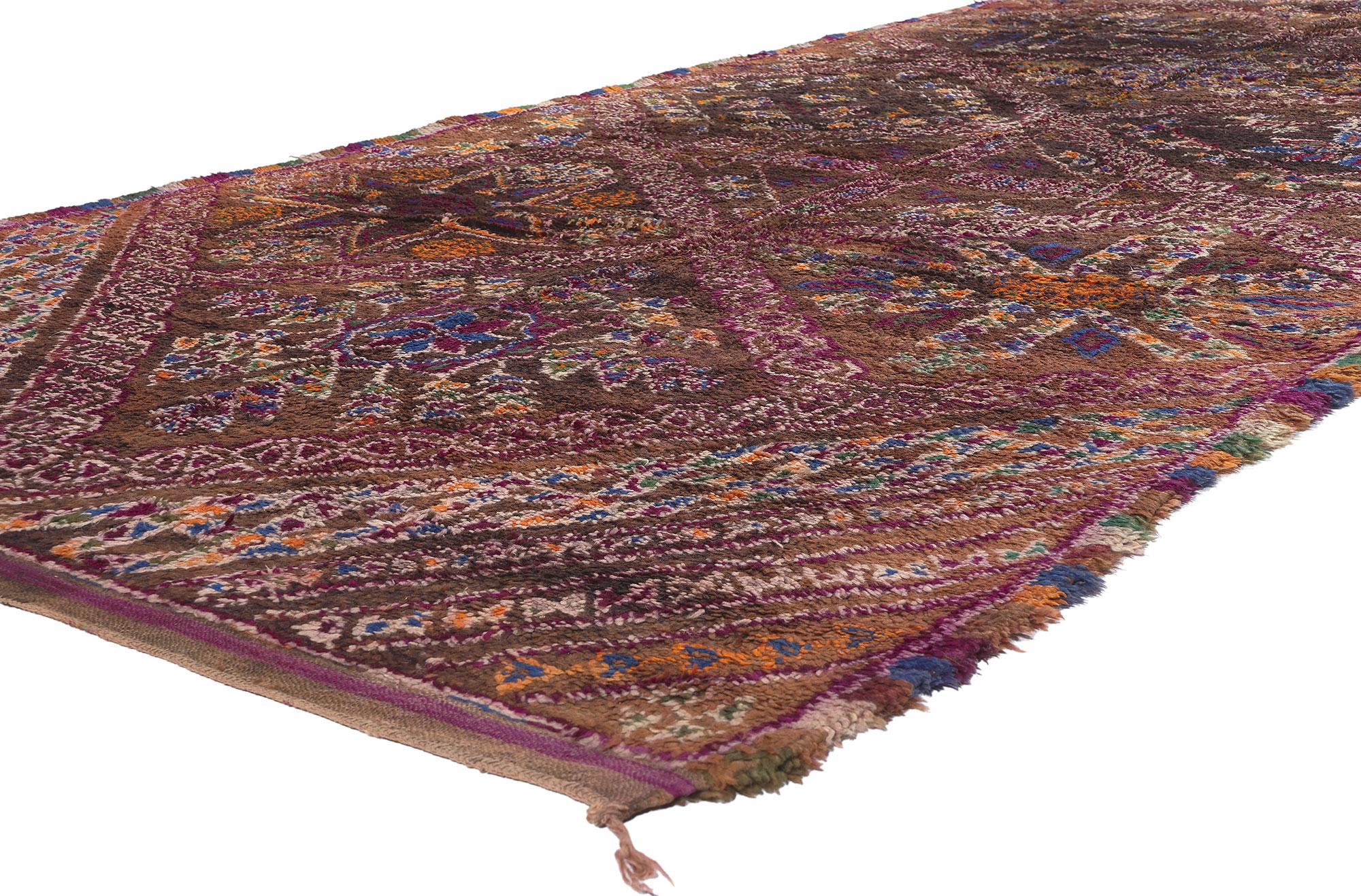 20730 Vintage Brown Beni MGuild Moroccan Rug, 06'00 x 12'05. Embark on a mesmerizing adventure enveloped in the warm embrace of this hand-knotted wool vintage Beni Mguild Moroccan rug—an enchanting Berber carpet that seamlessly blends nomadic charm