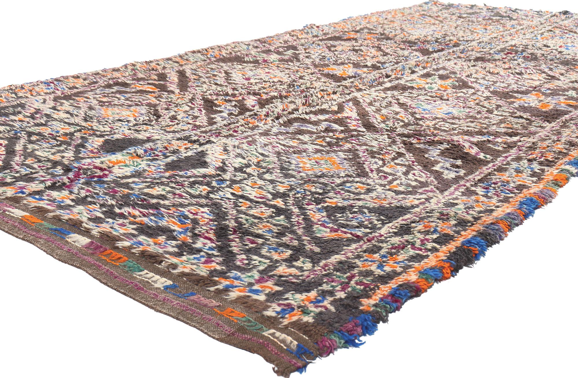 20943 Vintage Brown Beni MGuild Moroccan Rug, 05'02 x 11'07. Crafted with sustainable and biophilic design principles, this hand knotted wool vintage Beni Mguild Moroccan rug is a testament to the enchanting expertise of Berber women from the Ait