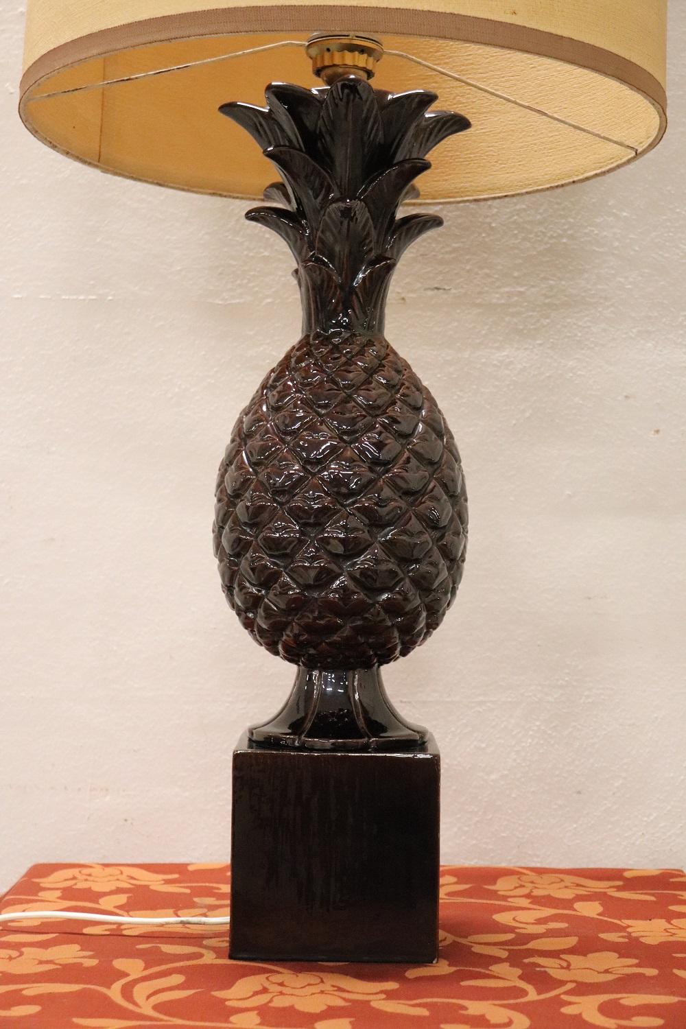 Italian Vintage Brown Bineapple Ceramic Table Lamp, 1970s For Sale