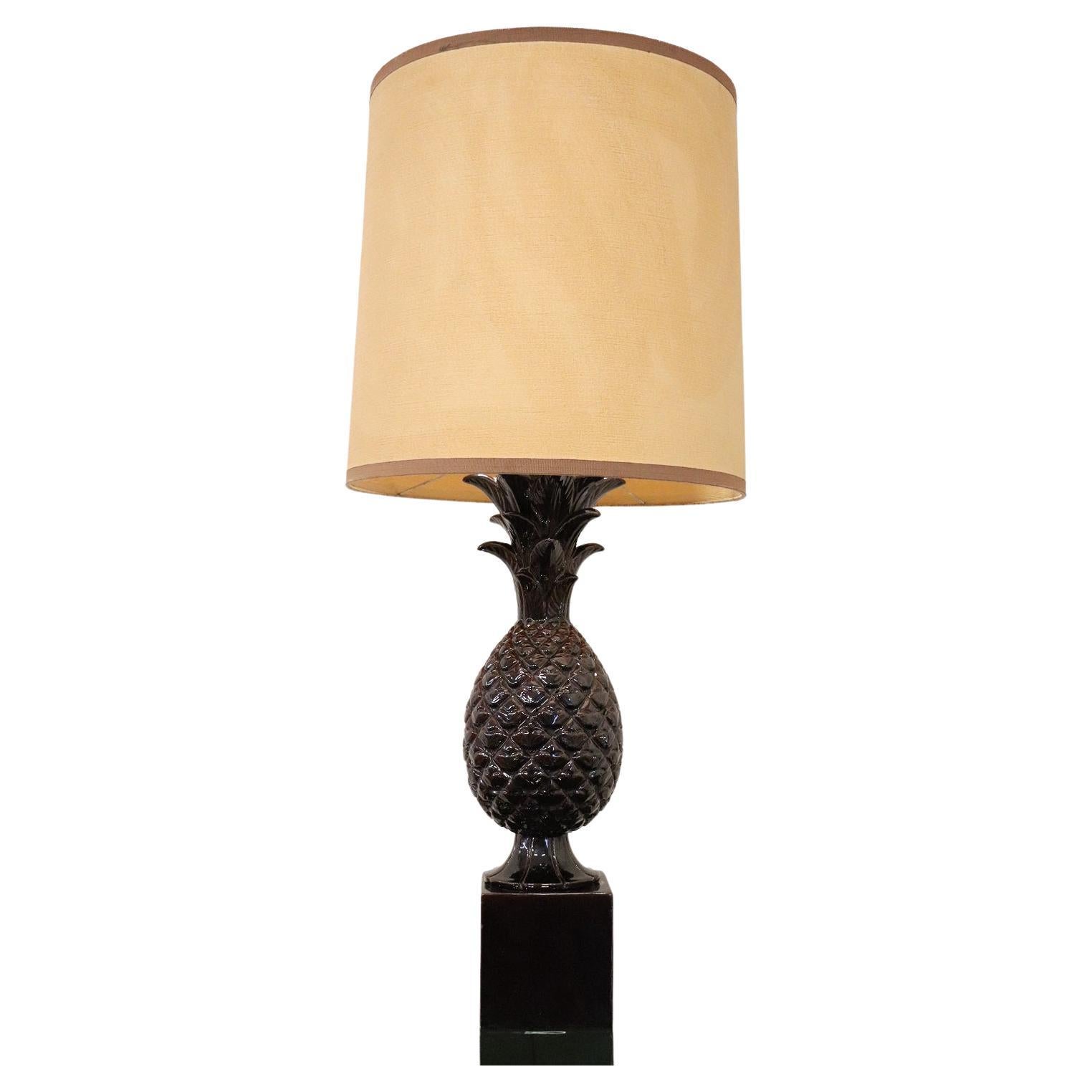 Vintage Brown Bineapple Ceramic Table Lamp, 1970s For Sale
