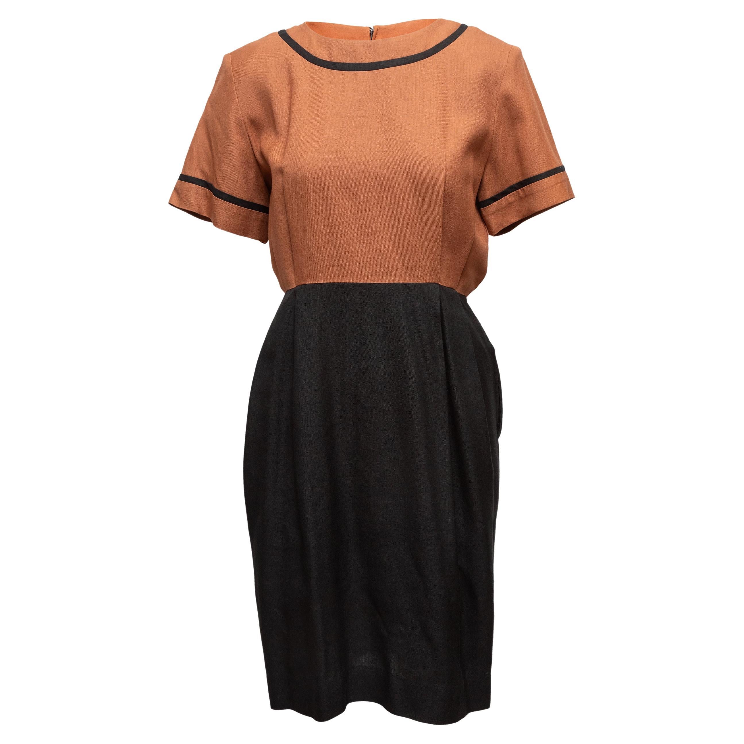 Vintage Brown & Black Balmain Ivoire 1980s Linen Dress For Sale