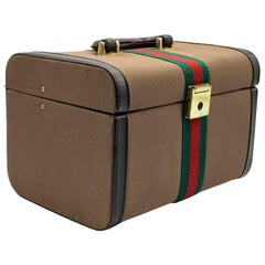 Vintage Brown Canvas Hard Beauty Bag Train Case Handbag
