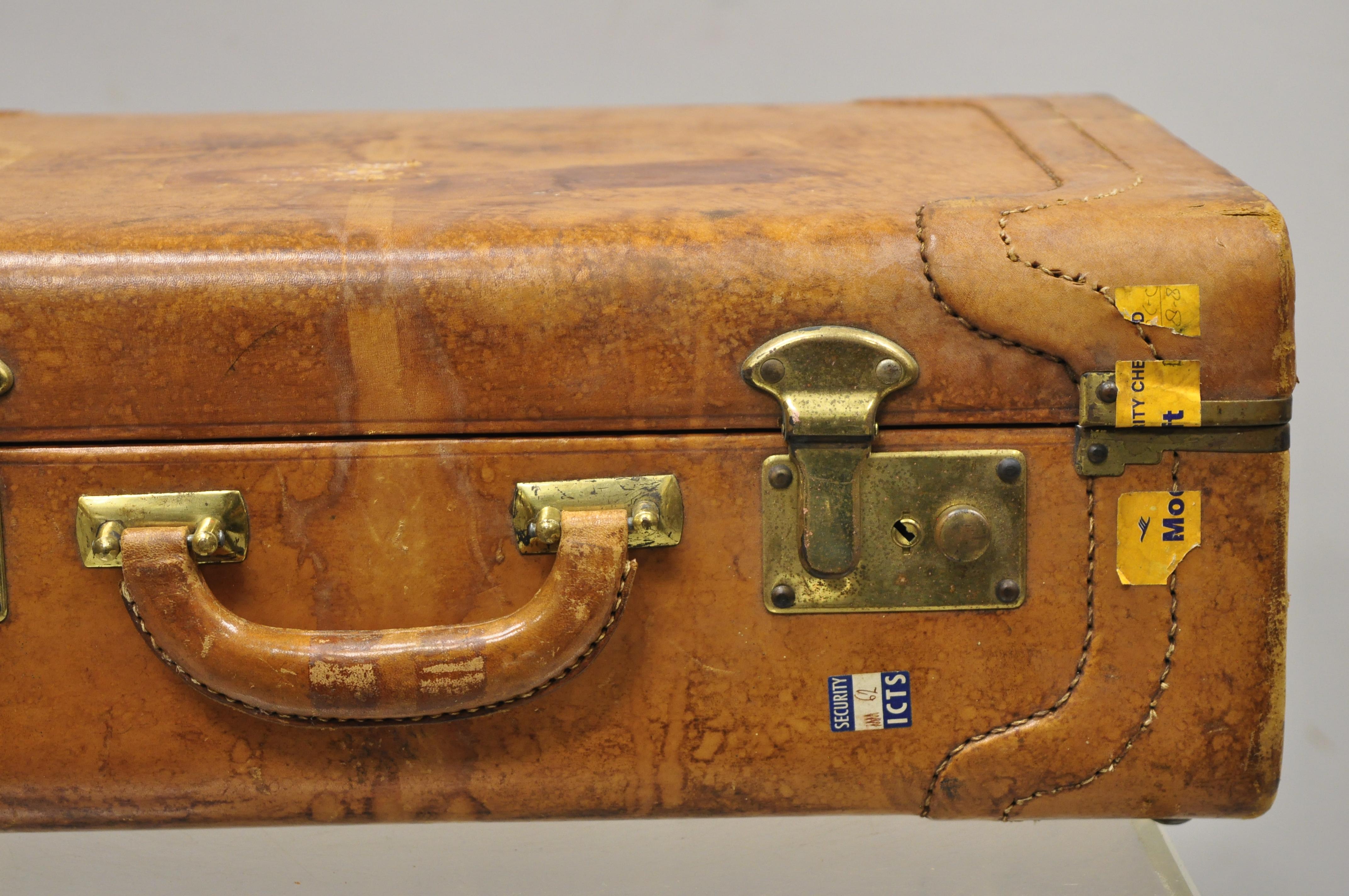 North American Vintage Brown Caramel Leather Hard Case Suitcase Luggage Trunk with Patina For Sale