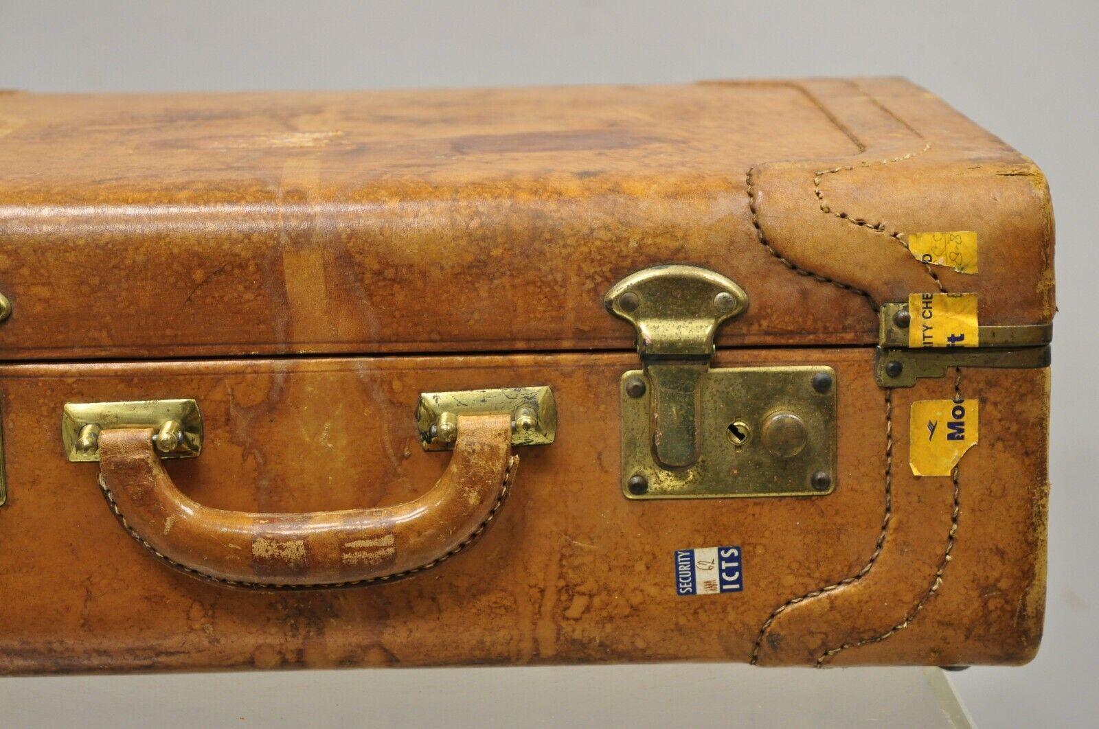 20th Century Vintage Brown Caramel Leather Hard Case Suitcase Luggage Trunk with Patina For Sale