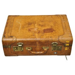 Vintage Brown Caramel Leather Hard Case Suitcase Luggage Trunk with Patina