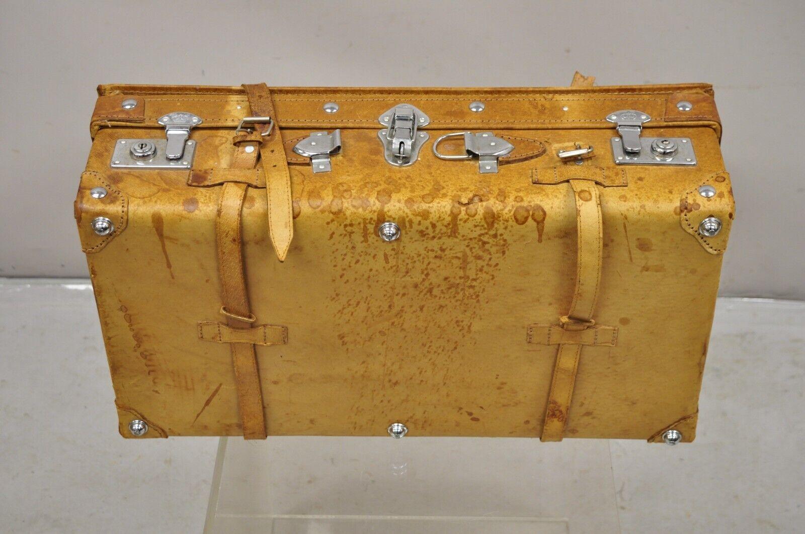 Vintage Brown Caramel Tan Leather Suitcase Luggage with Chrome Hardware For Sale 5