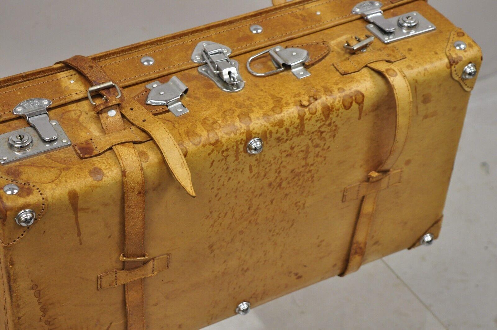 Vintage Brown Caramel Tan Leather Suitcase Luggage with Chrome Hardware For Sale 6