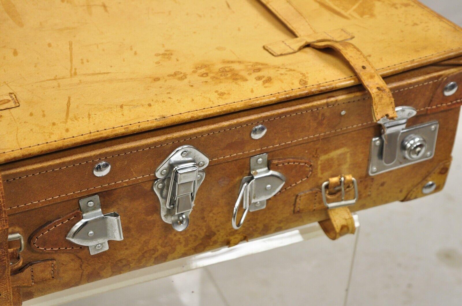 Vintage Brown Caramel Tan Leather Suitcase Luggage with Chrome Hardware 3
