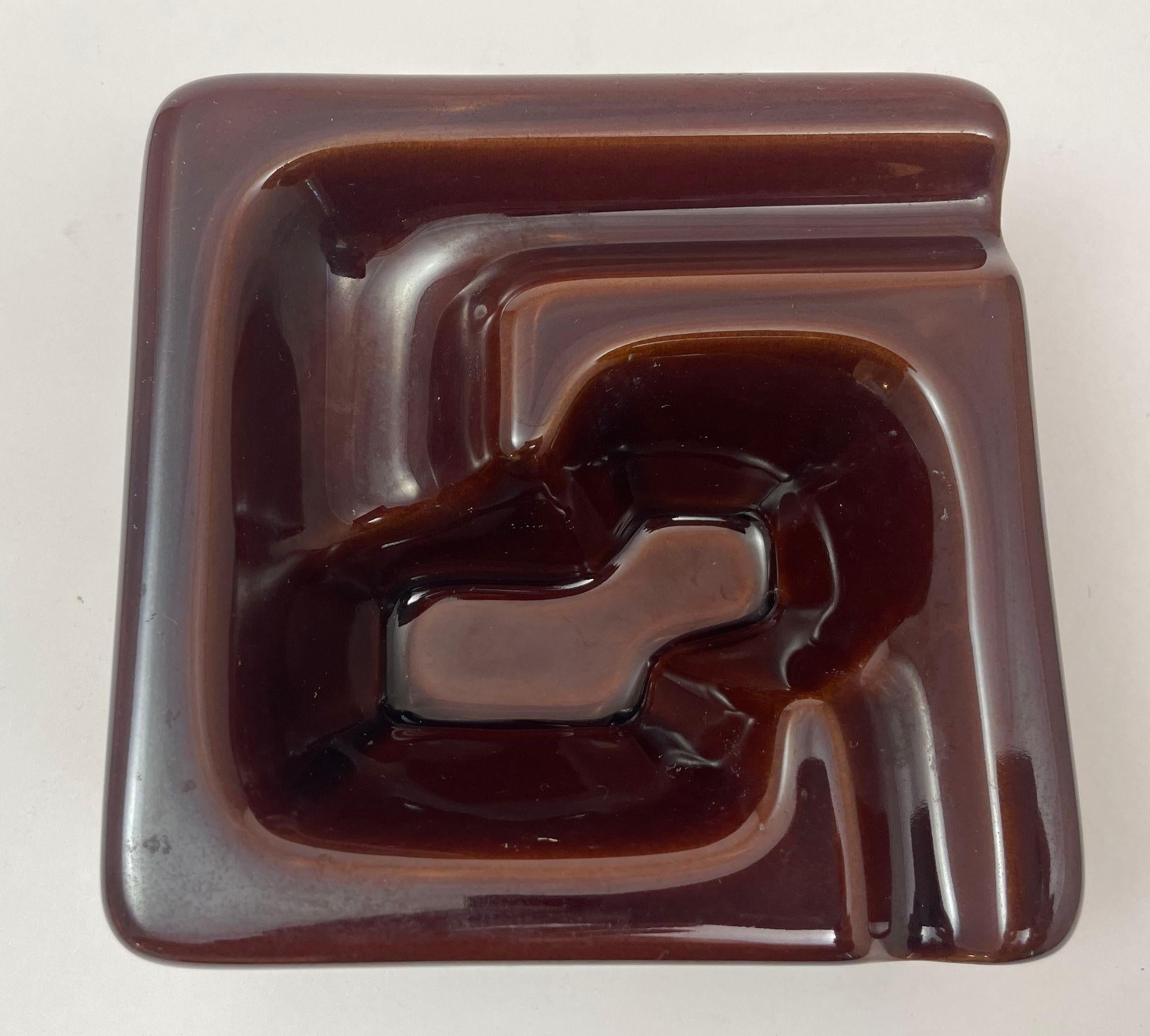 French Vintage Brown Ceramic Ashtray Wrapped in Saddle Leather For Sale