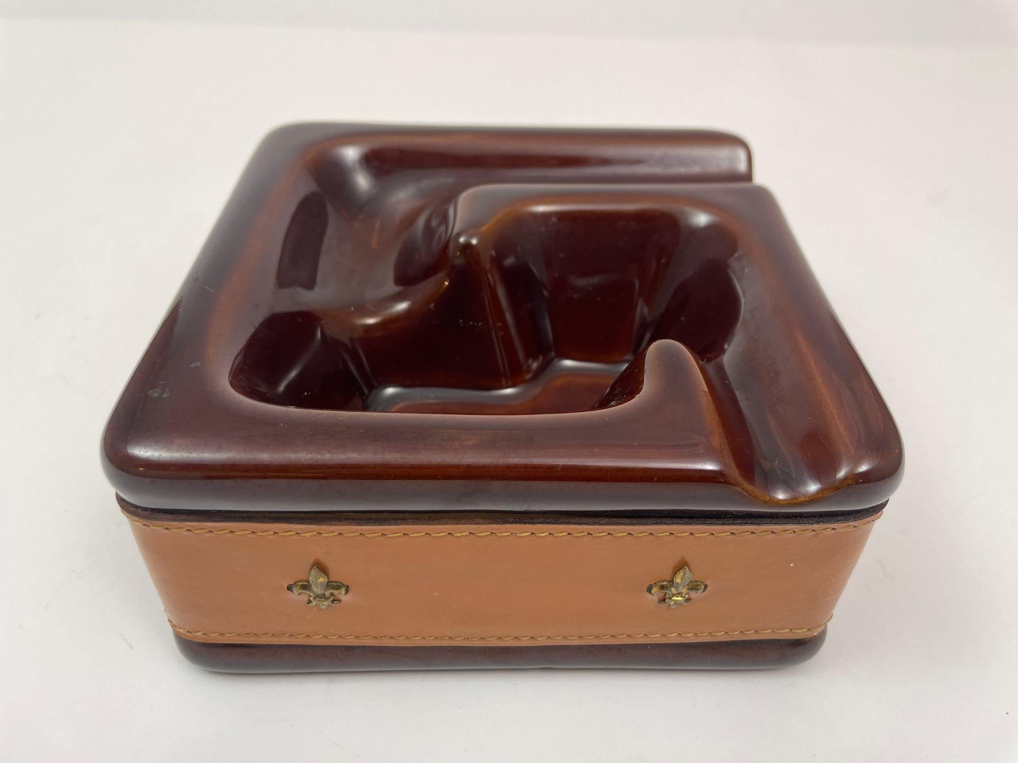 Hand-Crafted Vintage Brown Ceramic Ashtray Wrapped in Saddle Leather For Sale