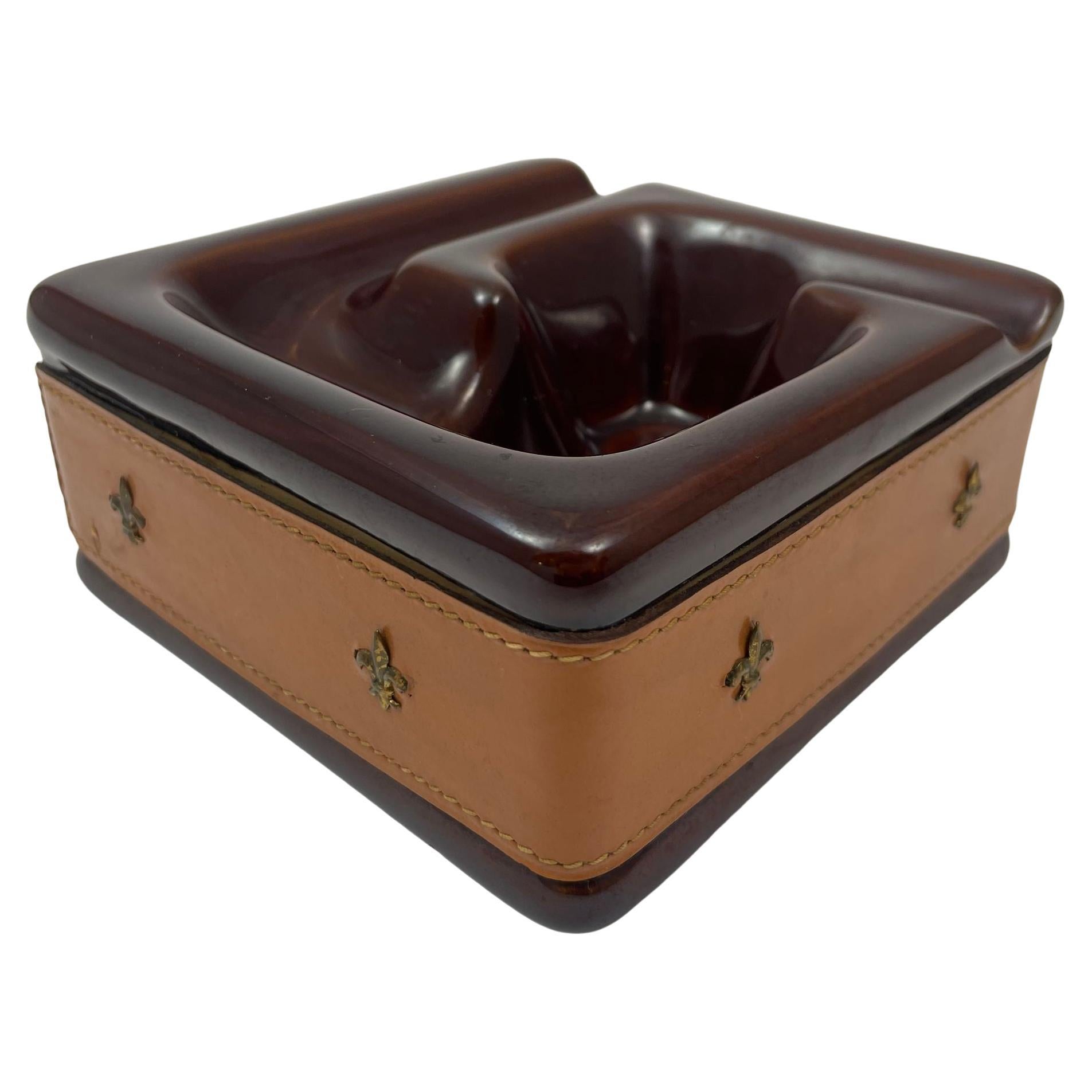 Vintage Brown Ceramic Ashtray Wrapped in Saddle Leather For Sale