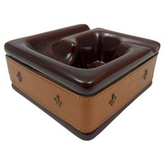Vintage Brown Ceramic Ashtray Wrapped in Saddle Leather