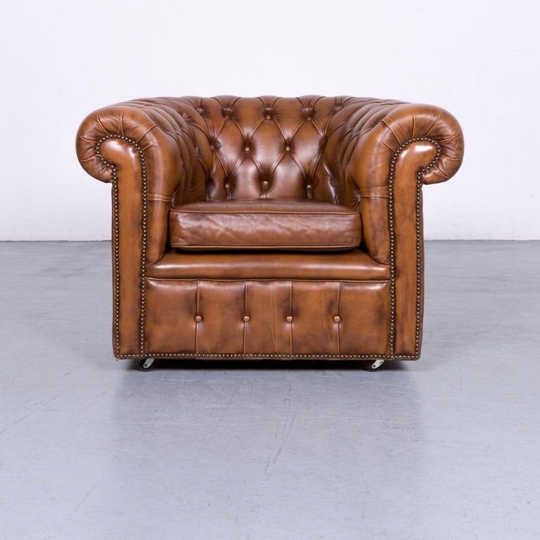 Vintage Brown Chesterfield Leather Armchair Buttoned Clubchair For Sale