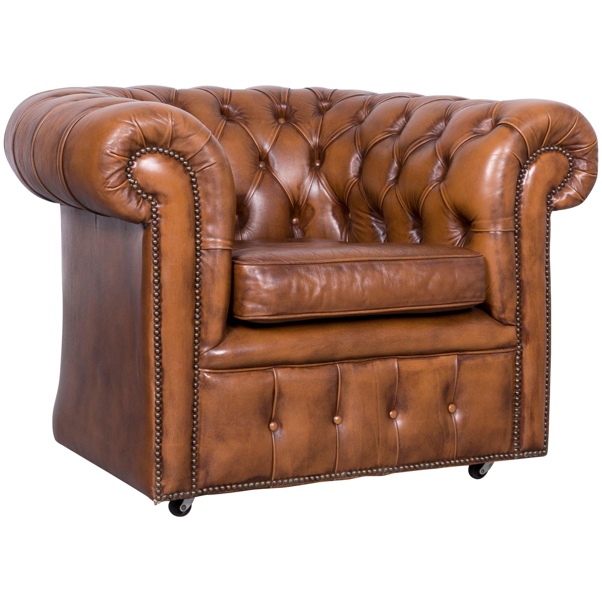 Vintage Brown Chesterfield Leather Armchair Buttoned Clubchair For Sale