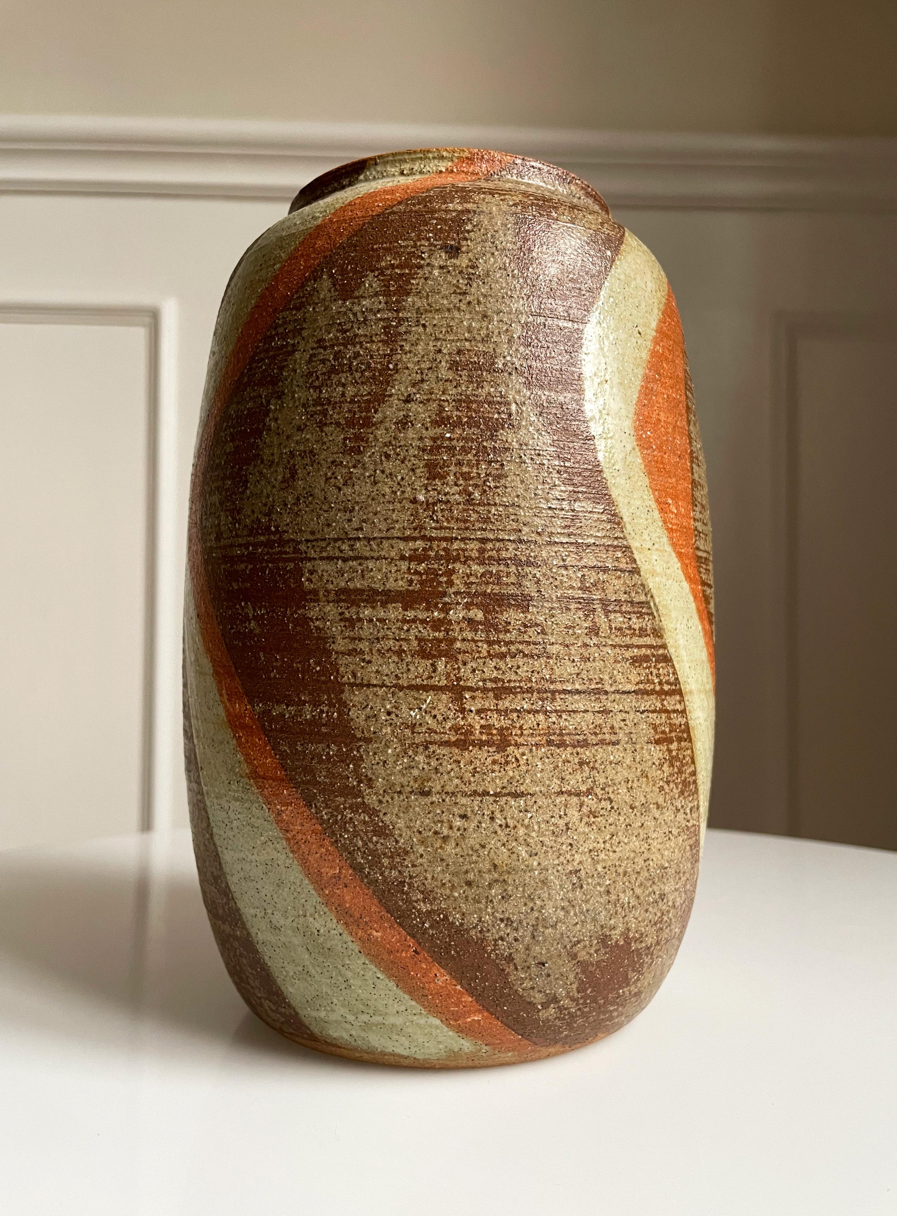 Mid-Century Modern Vintage Brown, Cream, Orange Striped Ceramic Vase, 1980s For Sale
