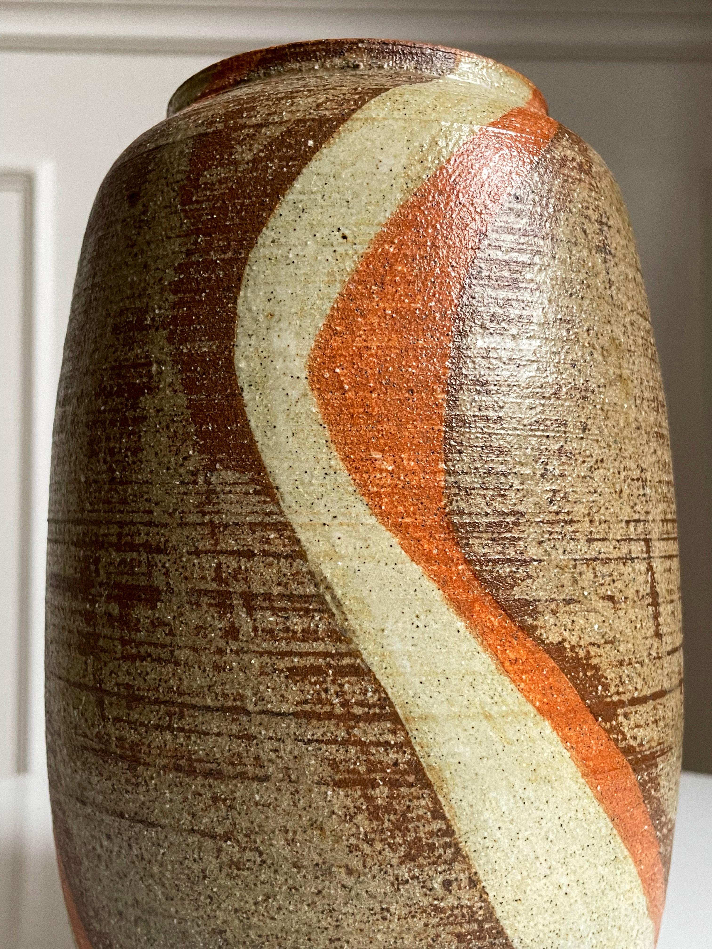Glazed Vintage Brown, Cream, Orange Striped Ceramic Vase, 1980s For Sale