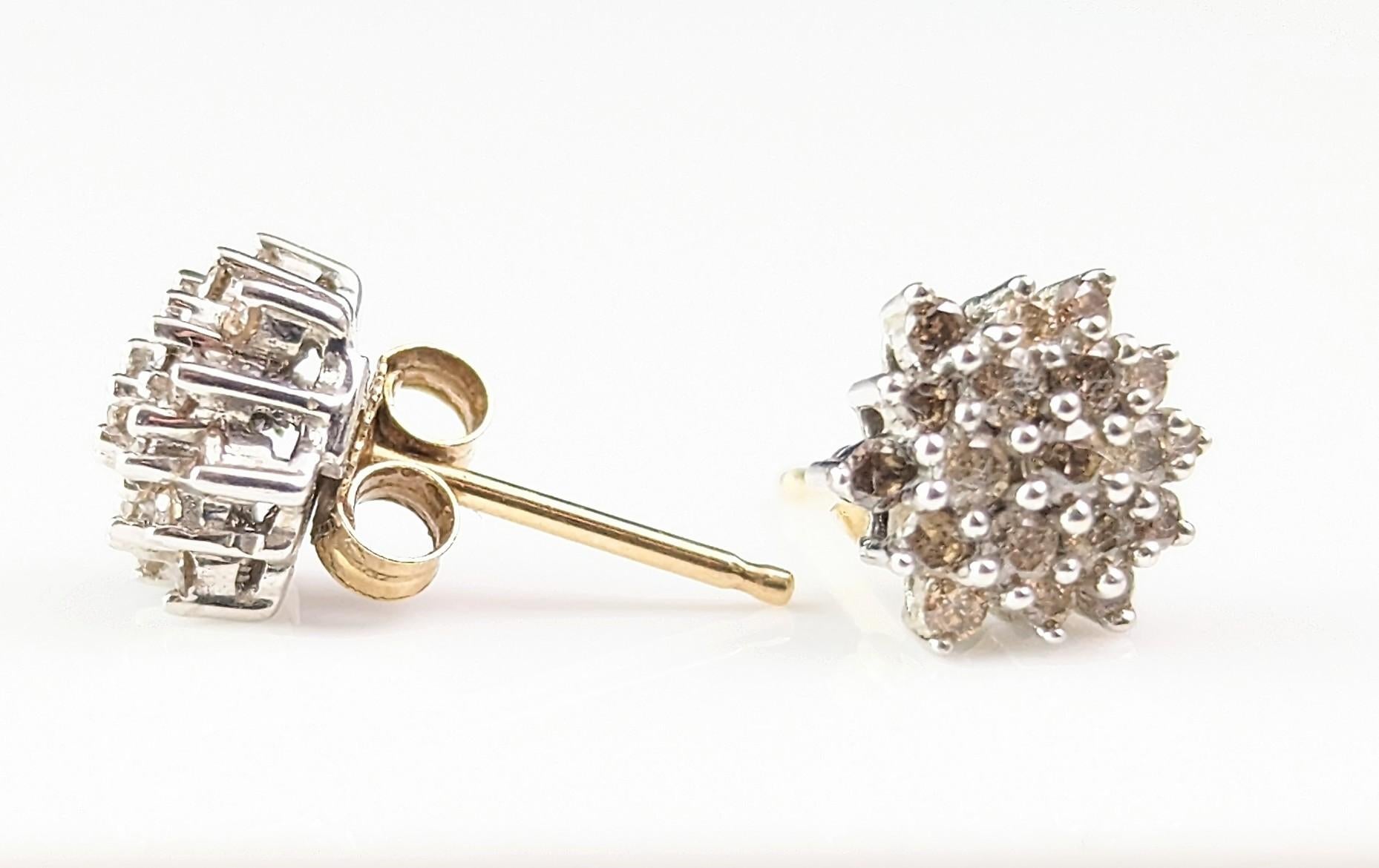 Vintage Brown Diamond stud earrings, cluster, 9k gold  For Sale 5