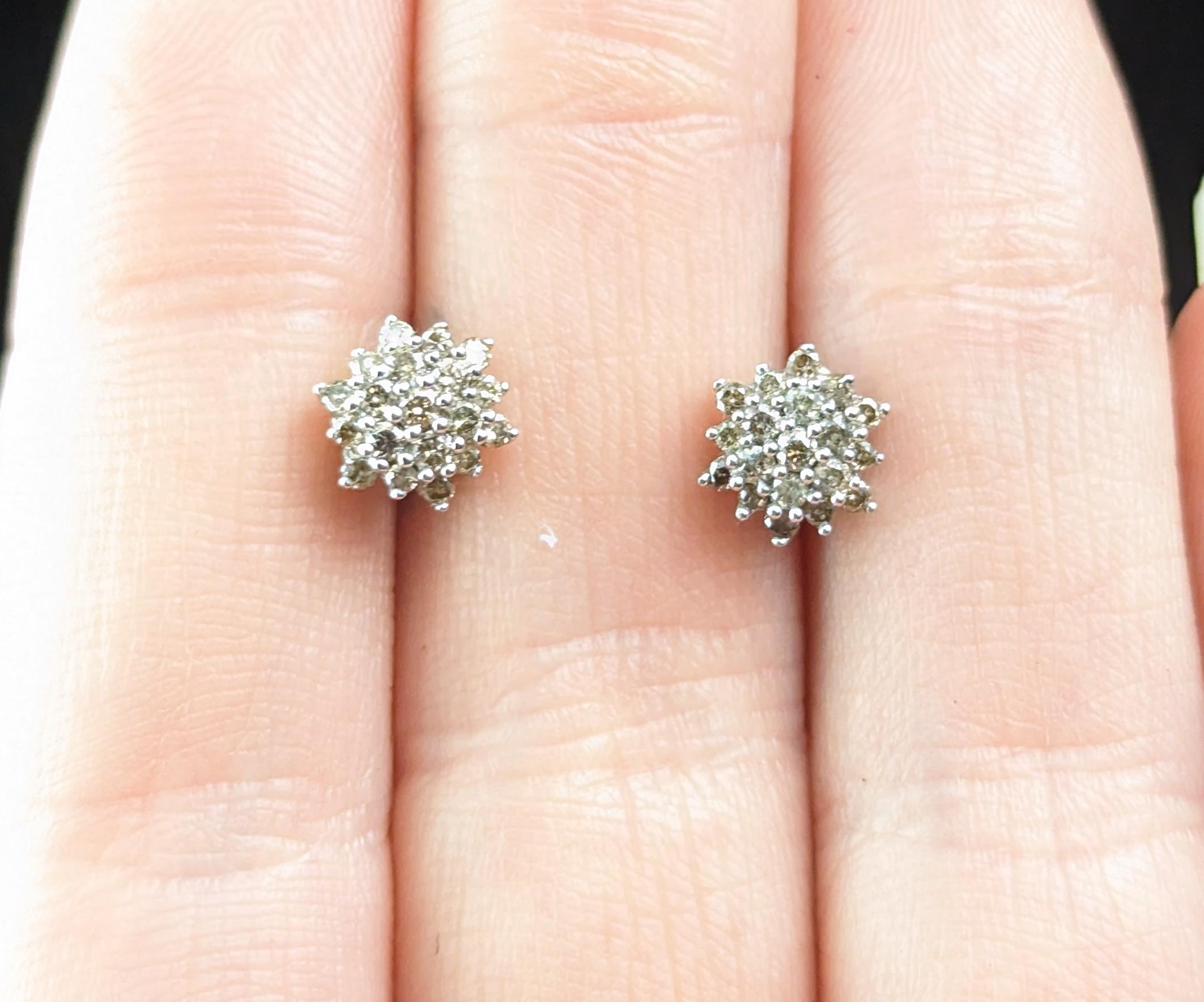 Brilliant Cut Vintage Brown Diamond stud earrings, cluster, 9k gold  For Sale