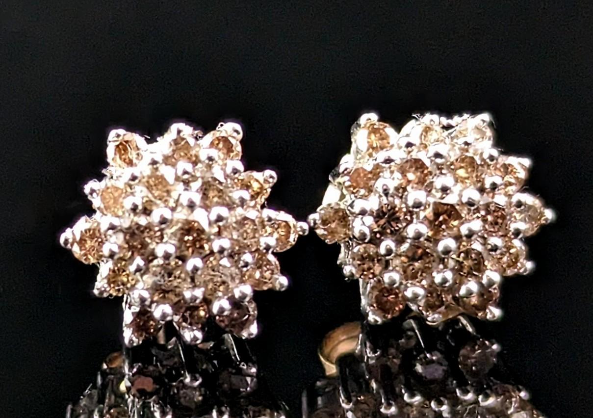 Women's Vintage Brown Diamond stud earrings, cluster, 9k gold  For Sale