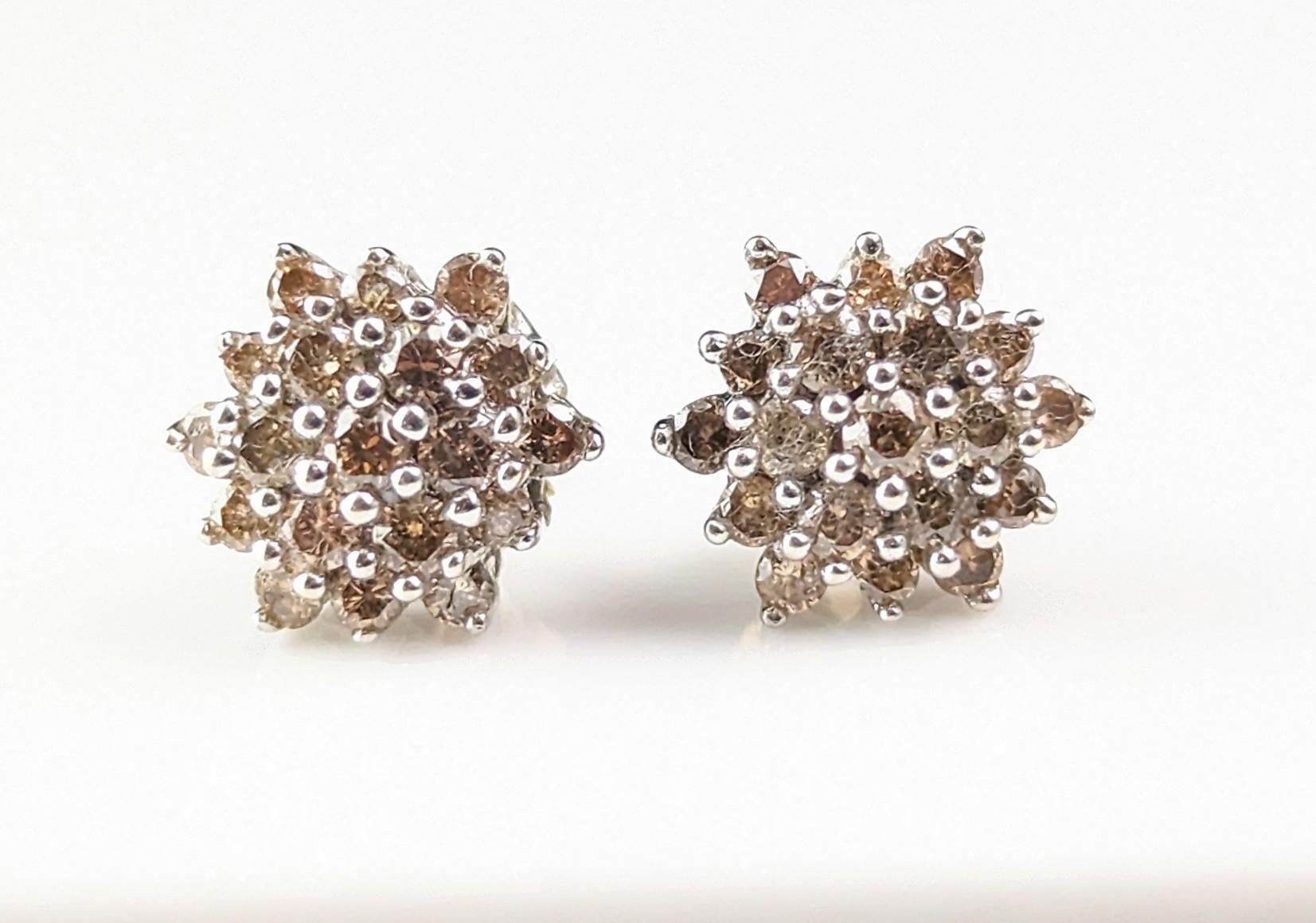 Vintage Brown Diamond stud earrings, cluster, 9k gold  For Sale 1