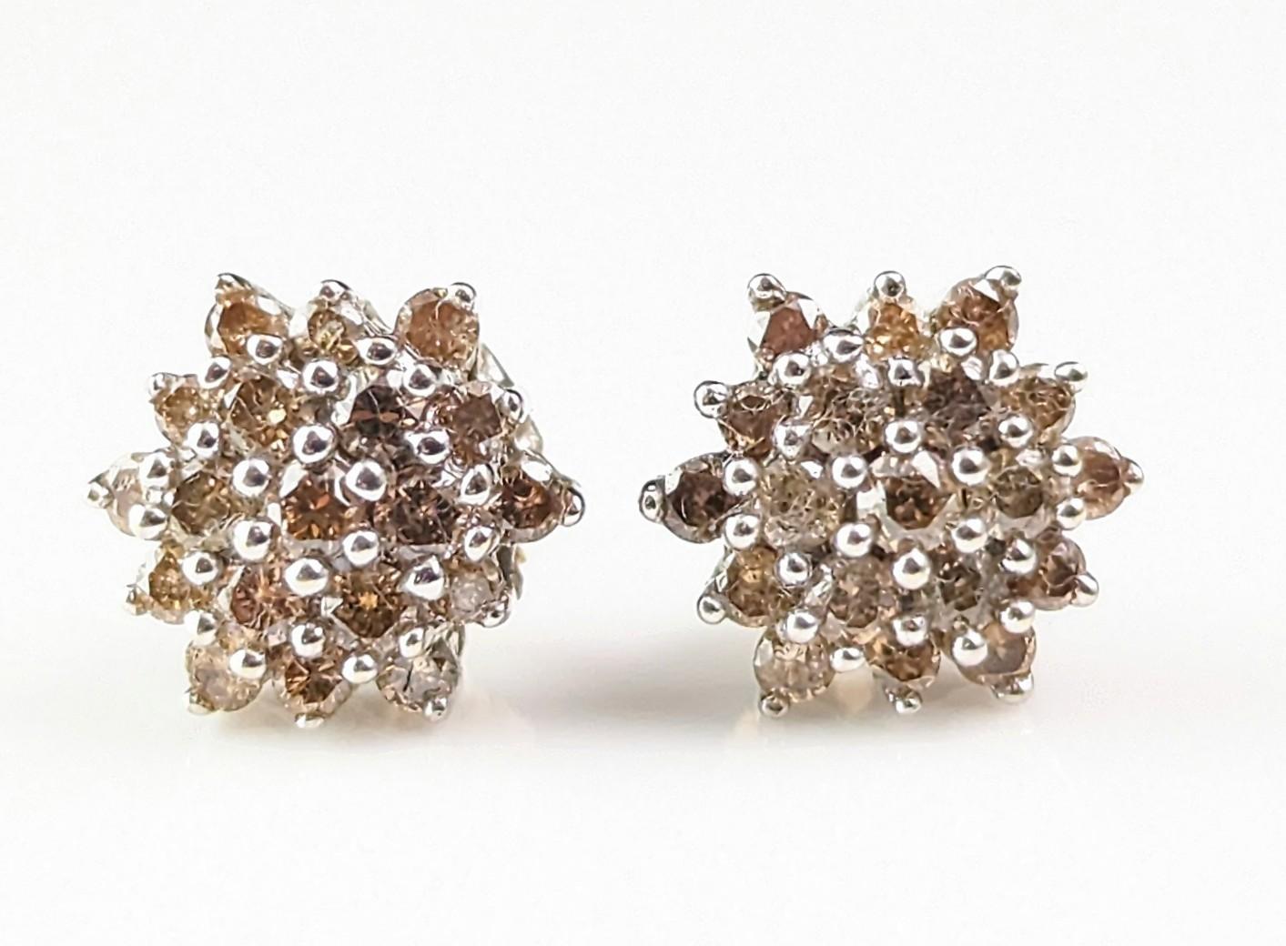 Vintage Brown Diamond stud earrings, cluster, 9k gold  For Sale 3