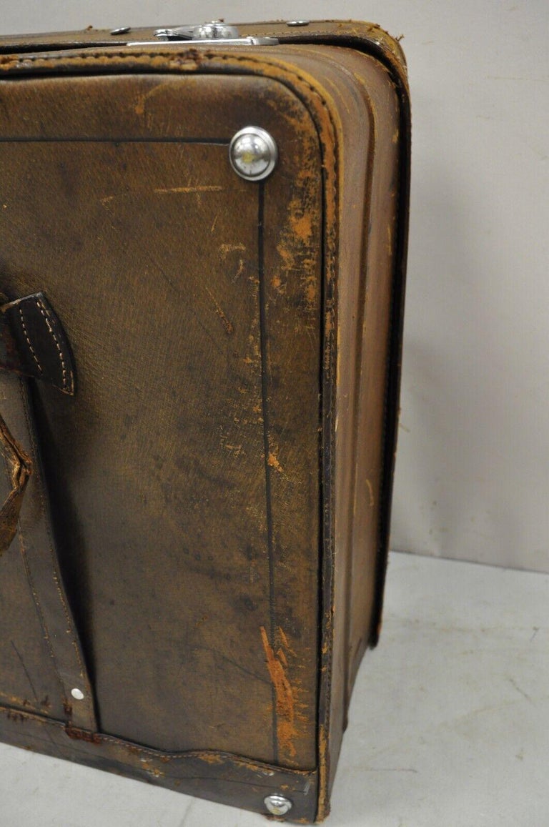 Vintage Brown Distressed Leather Luggage Suitcase by Golden Leaf For