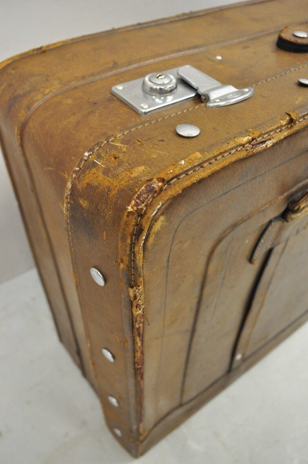 Vintage Brown Distressed Leather Luggage Suitcase by Golden Leaf For Sale 1