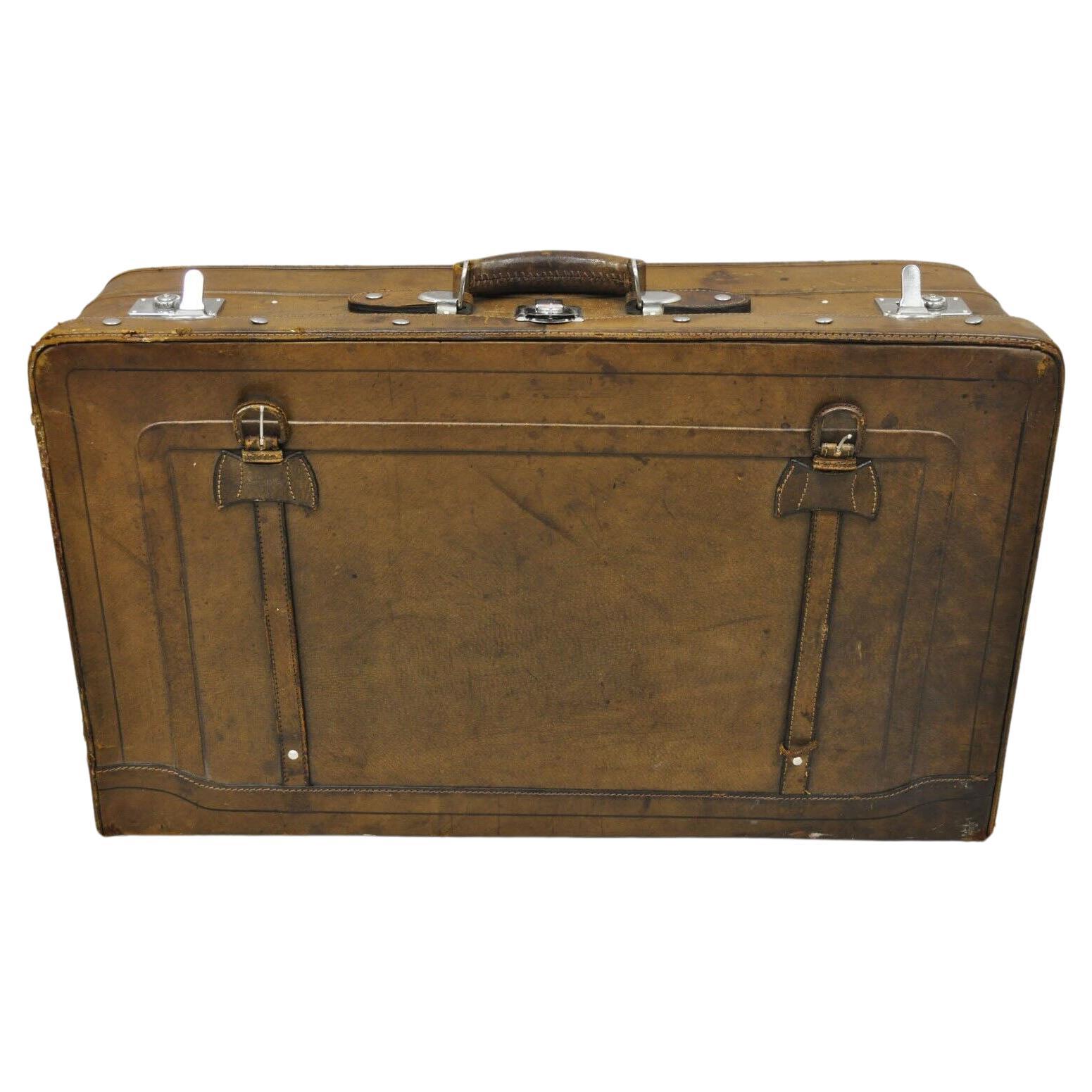 Vintage Brown Distressed Leather Luggage Suitcase by Golden Leaf For Sale