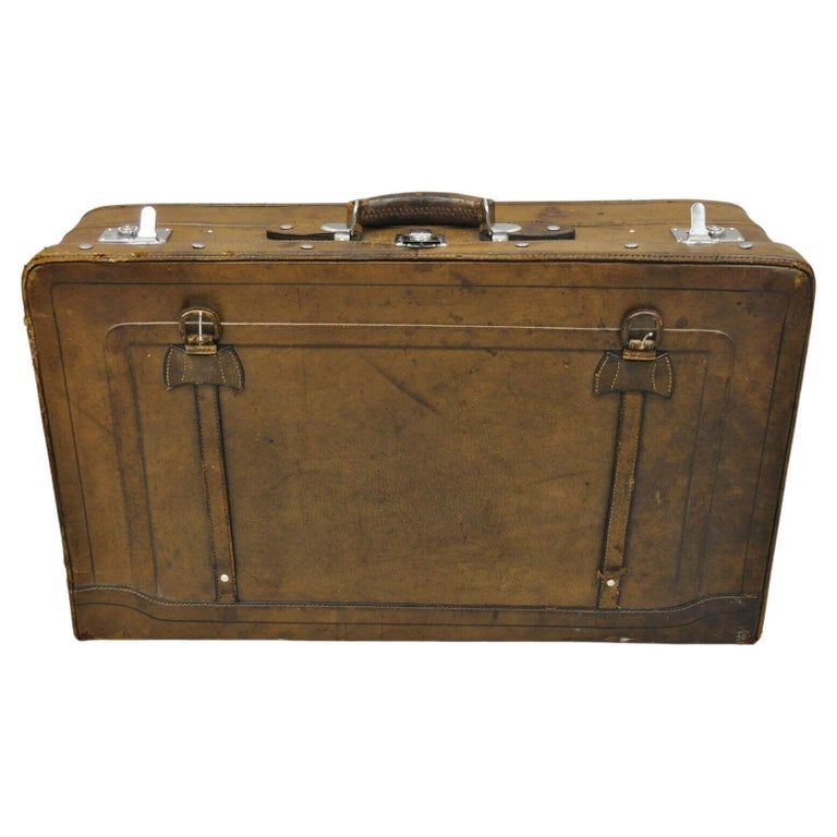 Vintage Brown Distressed Leather Luggage Suitcase by Golden Leaf For