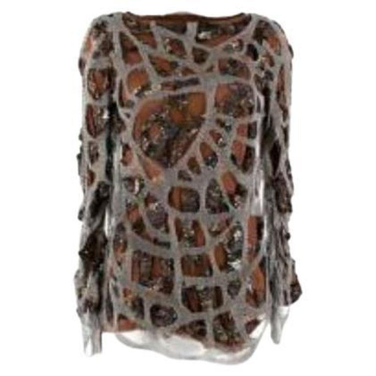 Pearl Embellished Mesh Dress In Brown