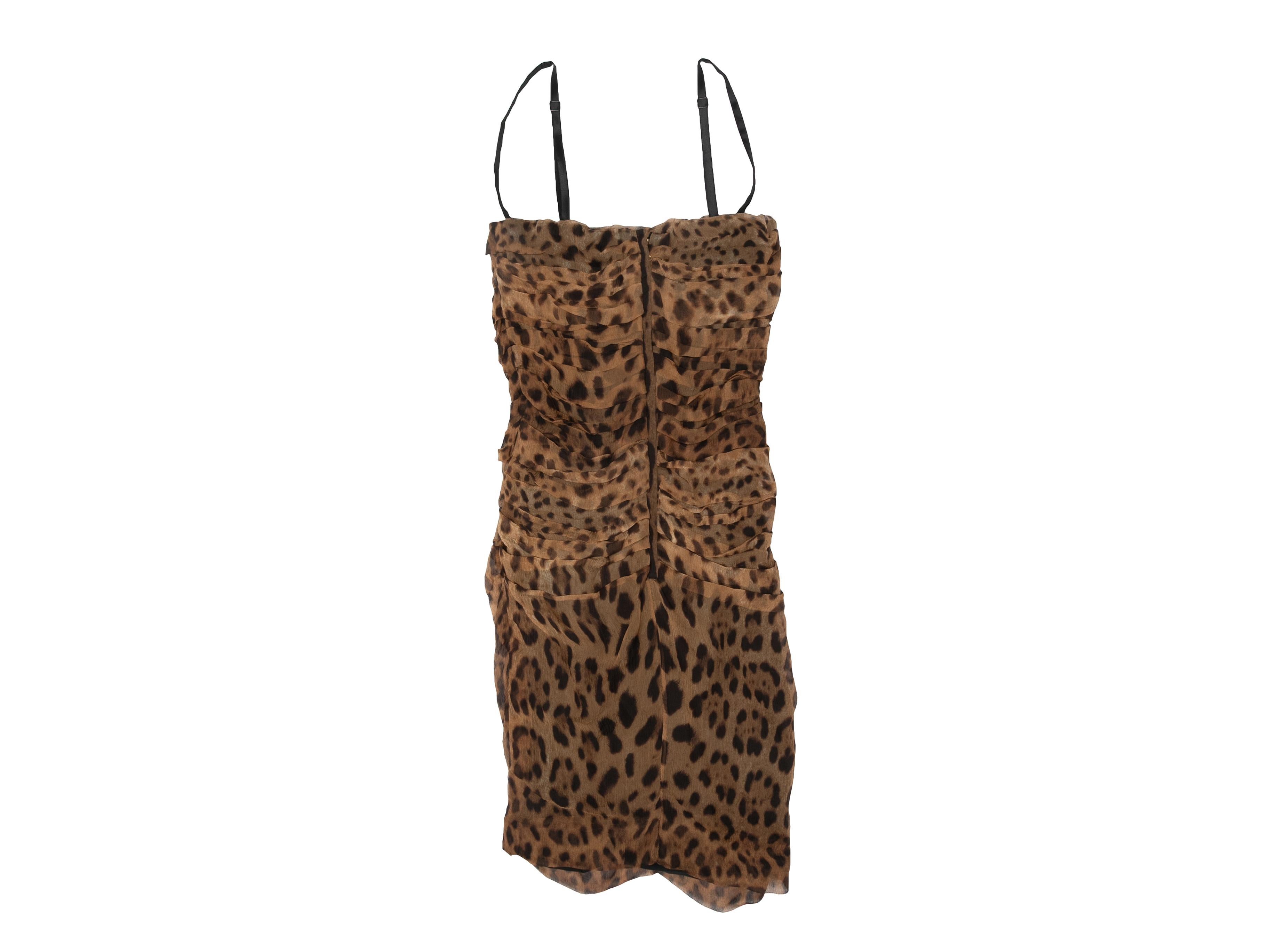Vintage brown silk leopard print sleeveless mini dress by Dolce & Gabbana. Circa 2000s. Ruching throughout. Narrow straps. Zip closure at back. 24