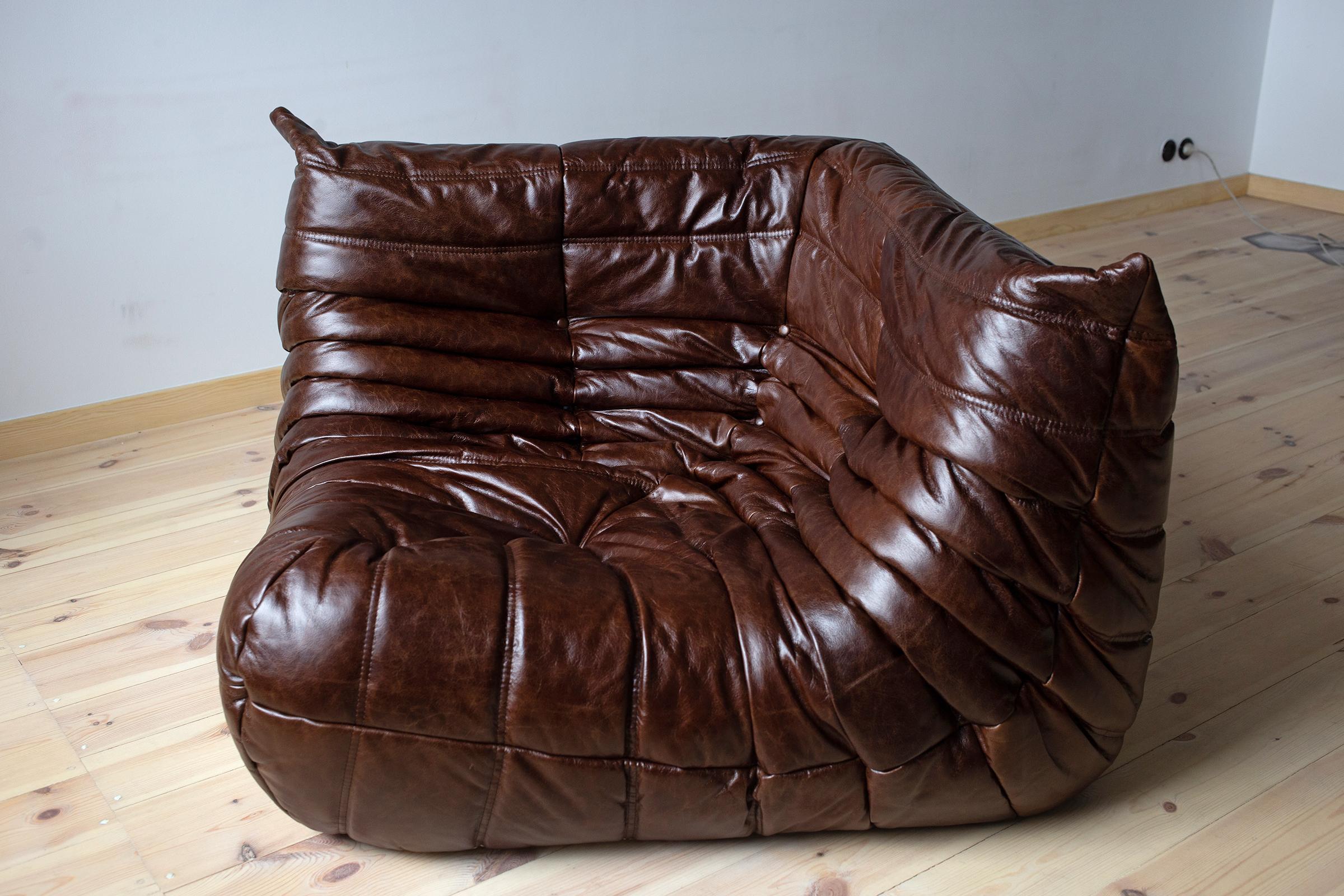 Vintage Brown Dubai Leather Togo Sofa Set by Michel Ducaroy for Ligne Roset For Sale 5