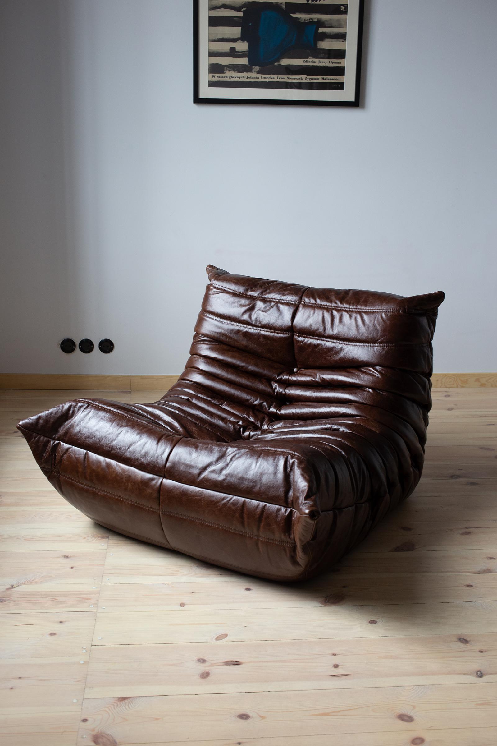 Vintage Brown Dubai Leather Togo Sofa Set by Michel Ducaroy for Ligne Roset For Sale 9
