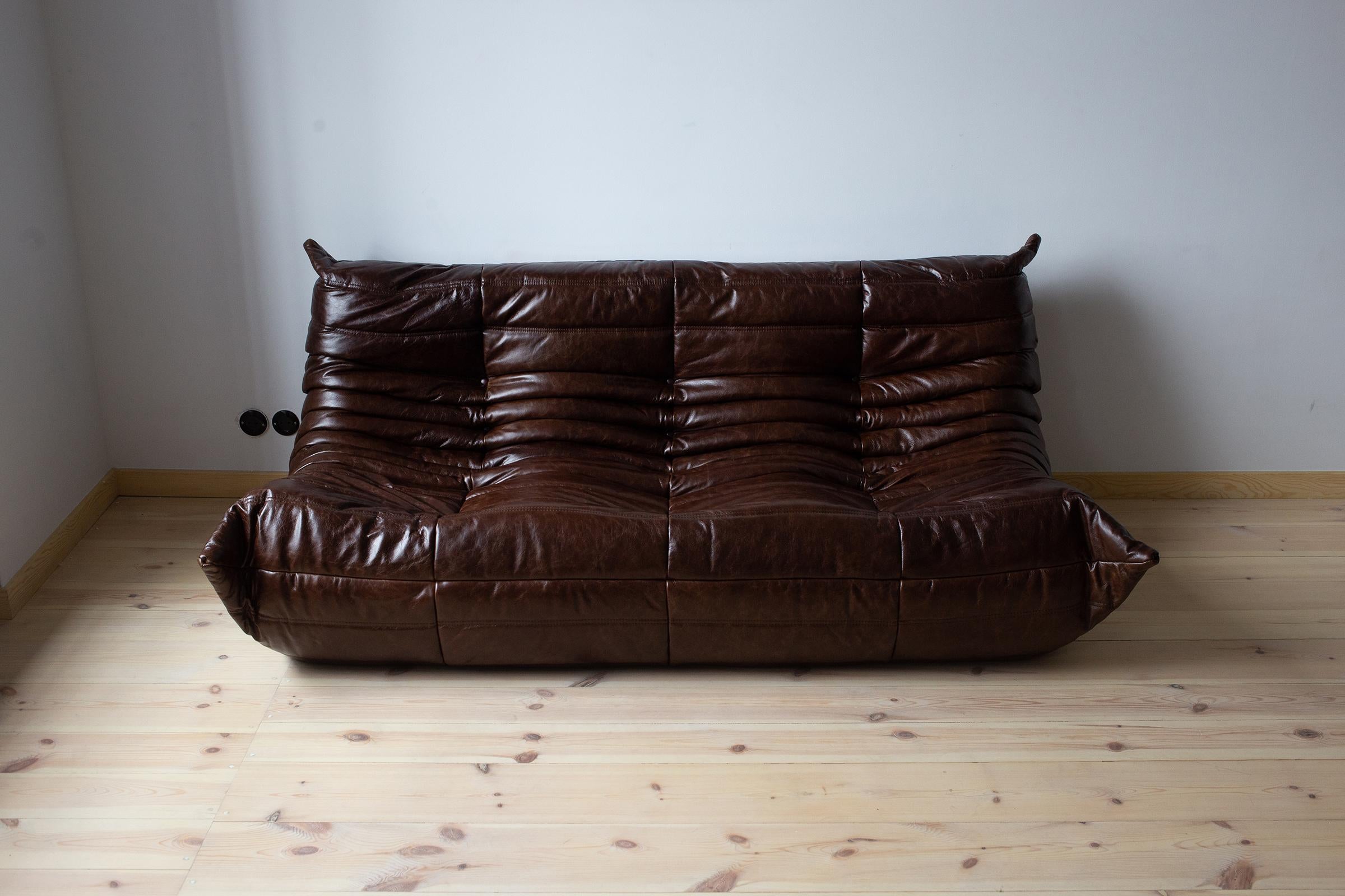 Vintage Brown Dubai Leather Togo Sofa Set by Michel Ducaroy for Ligne Roset For Sale 10