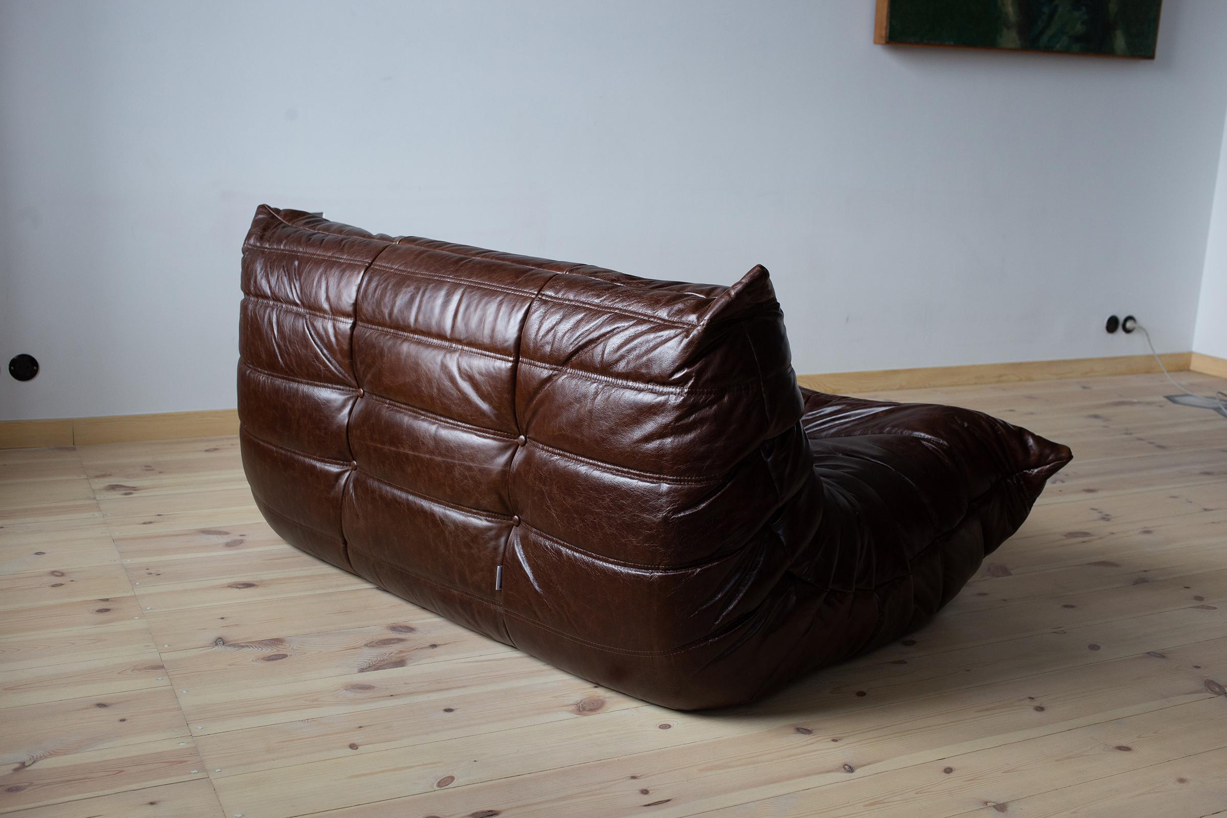 Vintage Brown Dubai Leather Togo Sofa Set by Michel Ducaroy for Ligne Roset For Sale 14