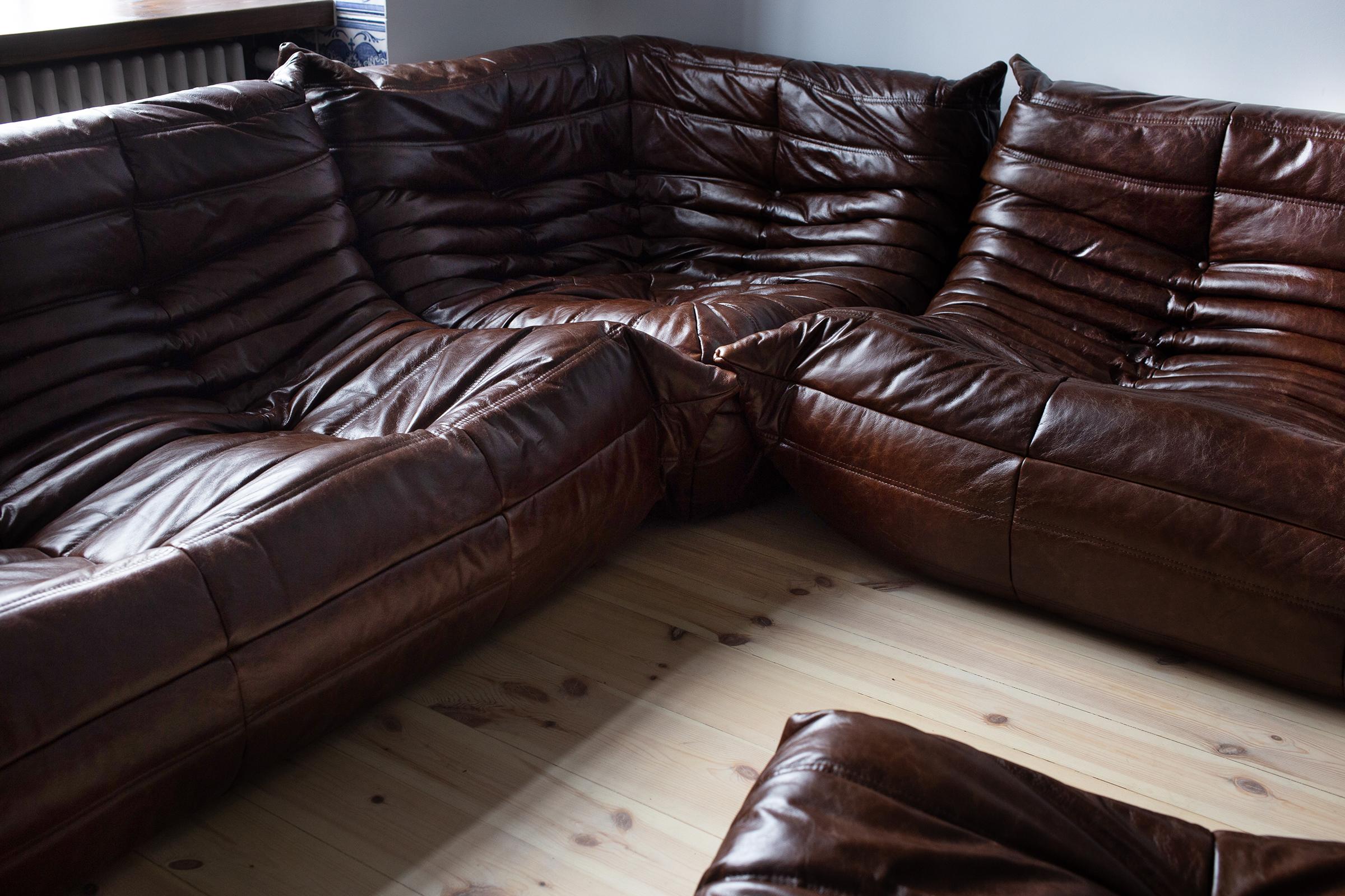 Mid-Century Modern Vintage Brown Dubai Leather Togo Sofa Set by Michel Ducaroy for Ligne Roset For Sale