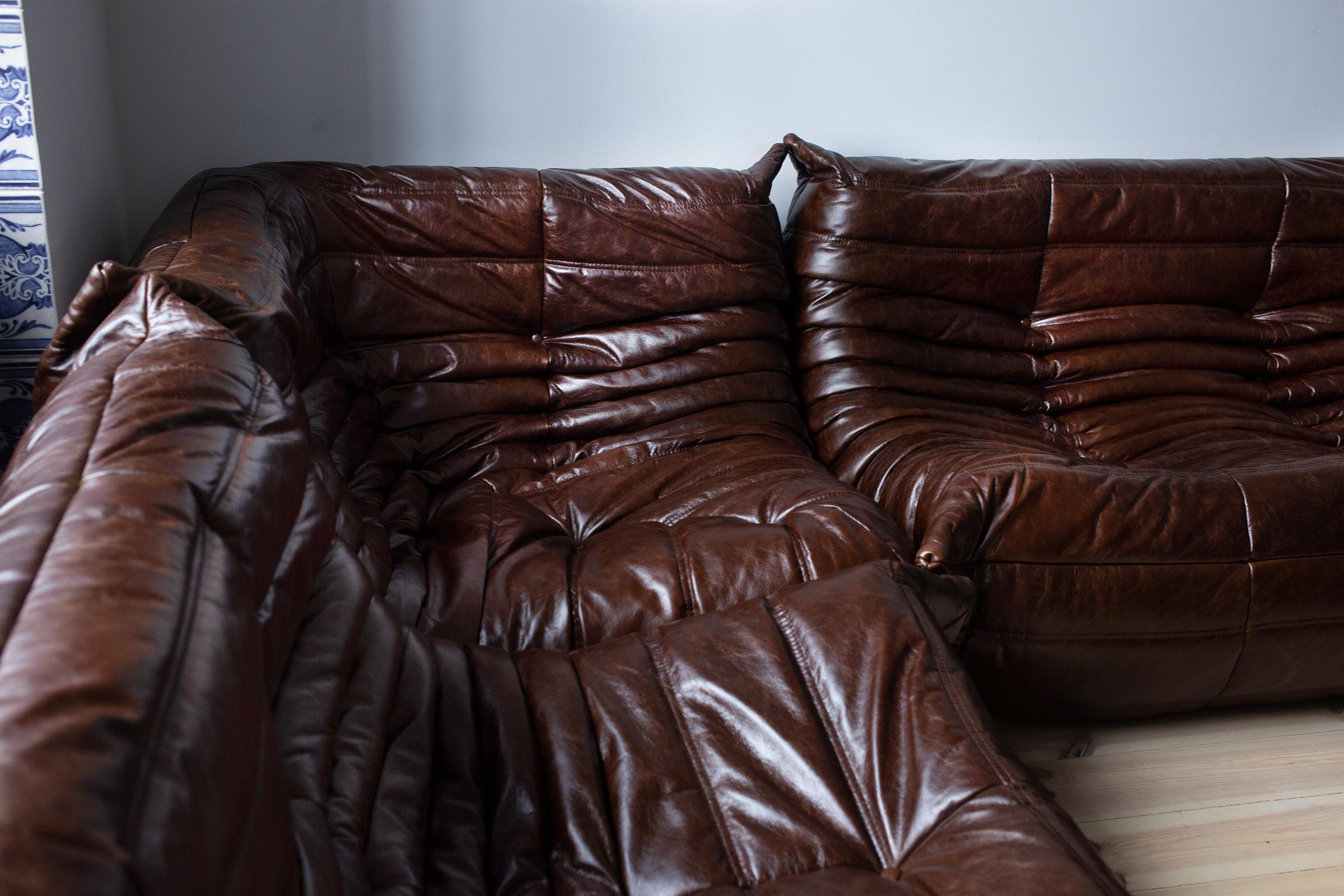 French Vintage Brown Dubai Leather Togo Sofa Set by Michel Ducaroy for Ligne Roset For Sale