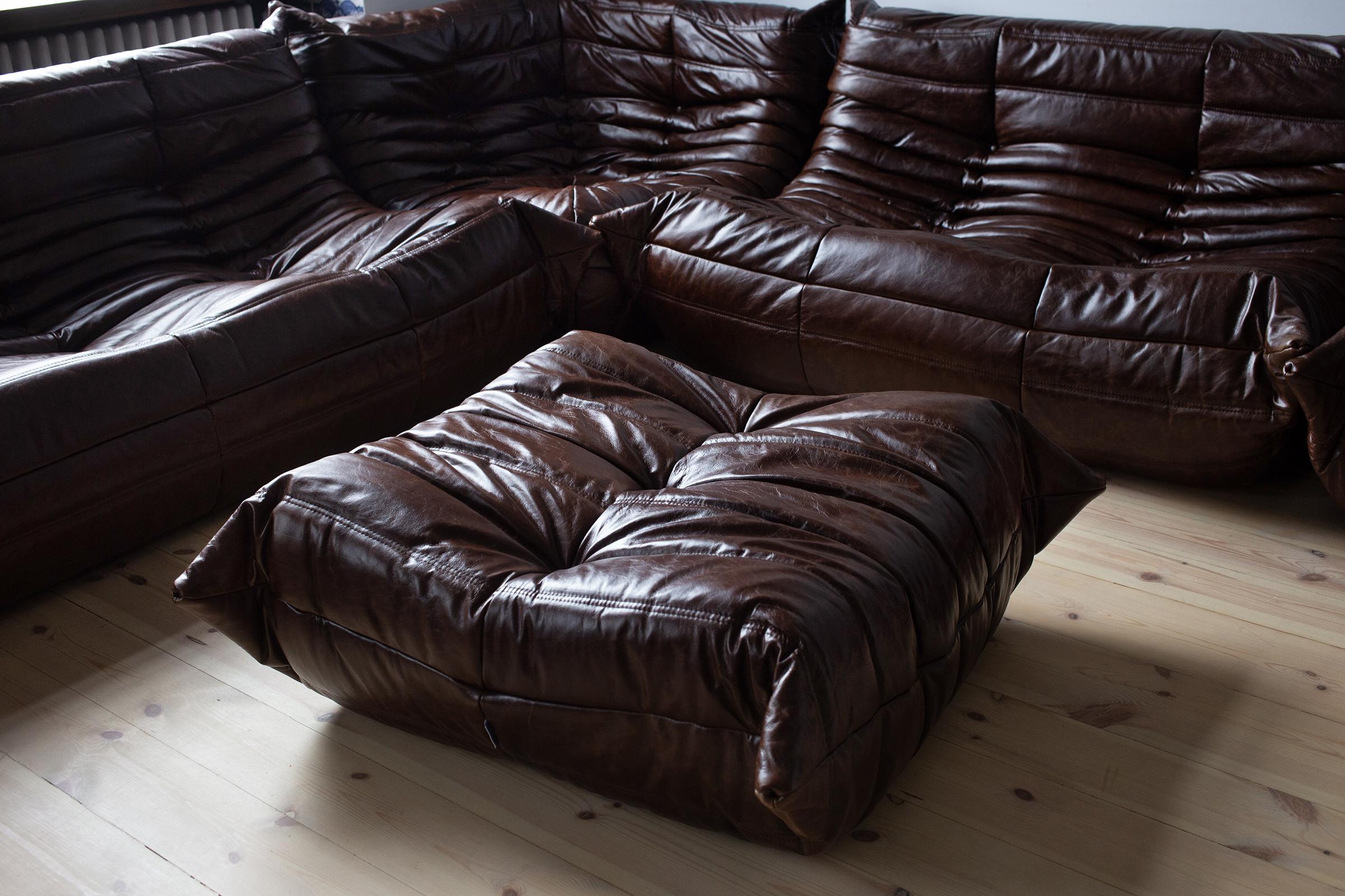 Late 20th Century Vintage Brown Dubai Leather Togo Sofa Set by Michel Ducaroy for Ligne Roset For Sale